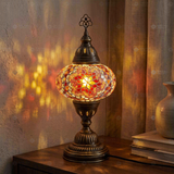 Red ruby red Turkish mosaic table lamp in styled room — handmade Moroccan table lamp (ENV MUN3011)