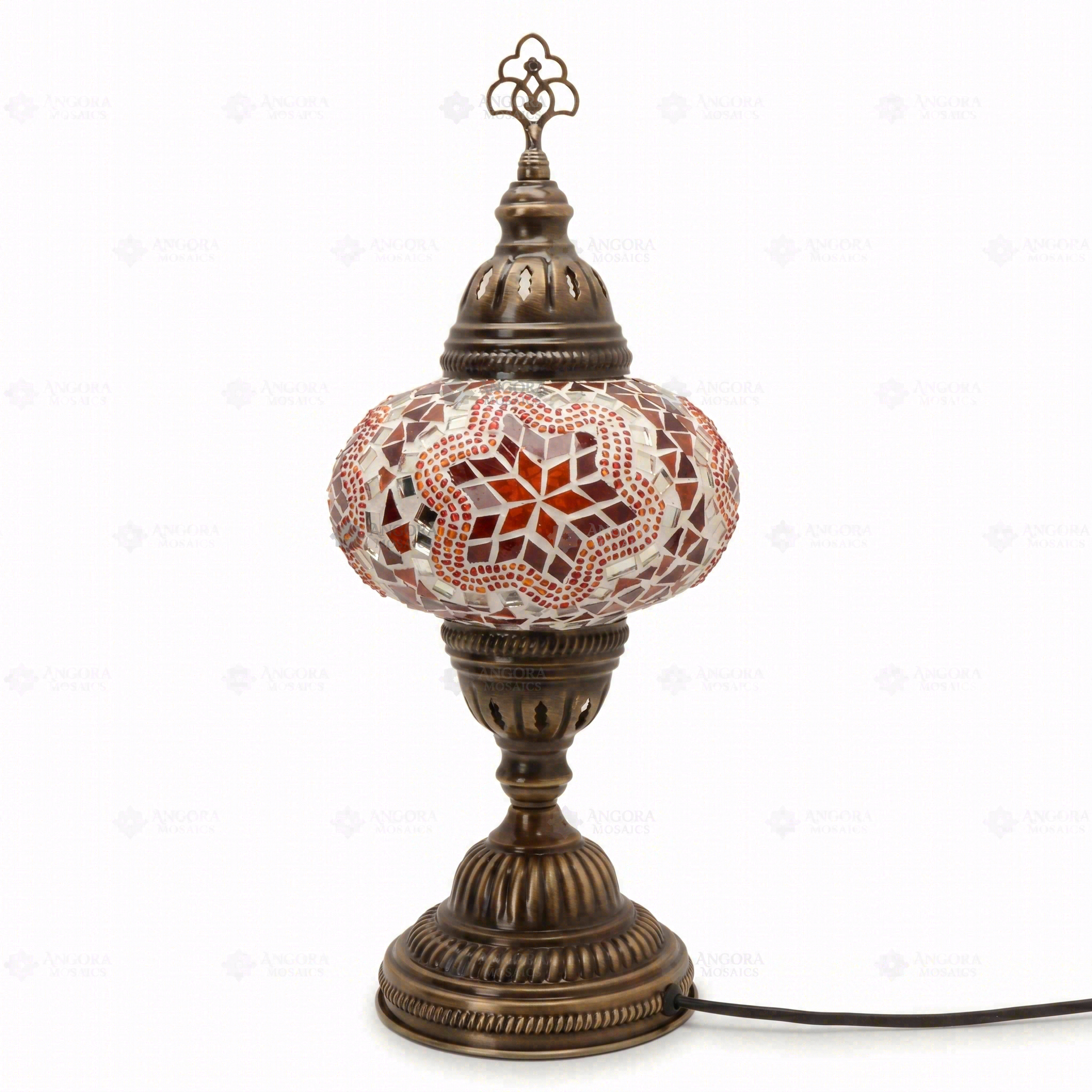 Full view of handmade Red ruby red Turkish mosaic table lamp on white background (ENV MUN3011)