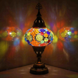 Multicolor Turkish mosaic table lamp illuminated, showing colorful light projection (ENV MUN3012)