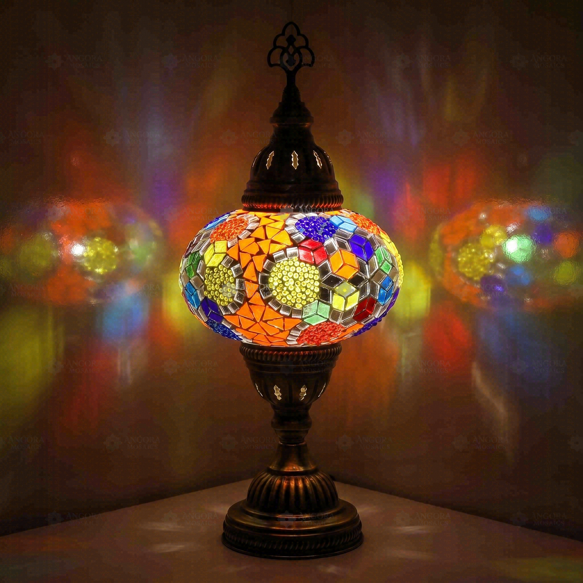 Multicolor Turkish mosaic table lamp illuminated, showing colorful light projection (ENV MUN3012)