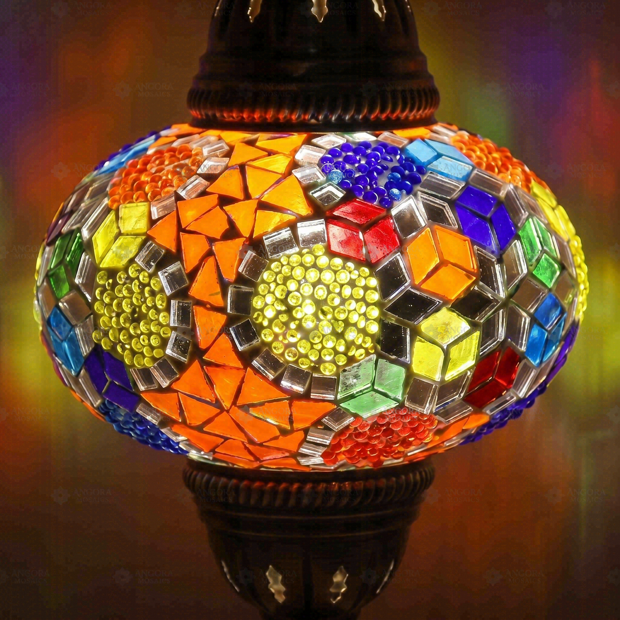 Lit close-up of mosaic glass globe — Multicolor table lamp glowing (ENV MUN3012)