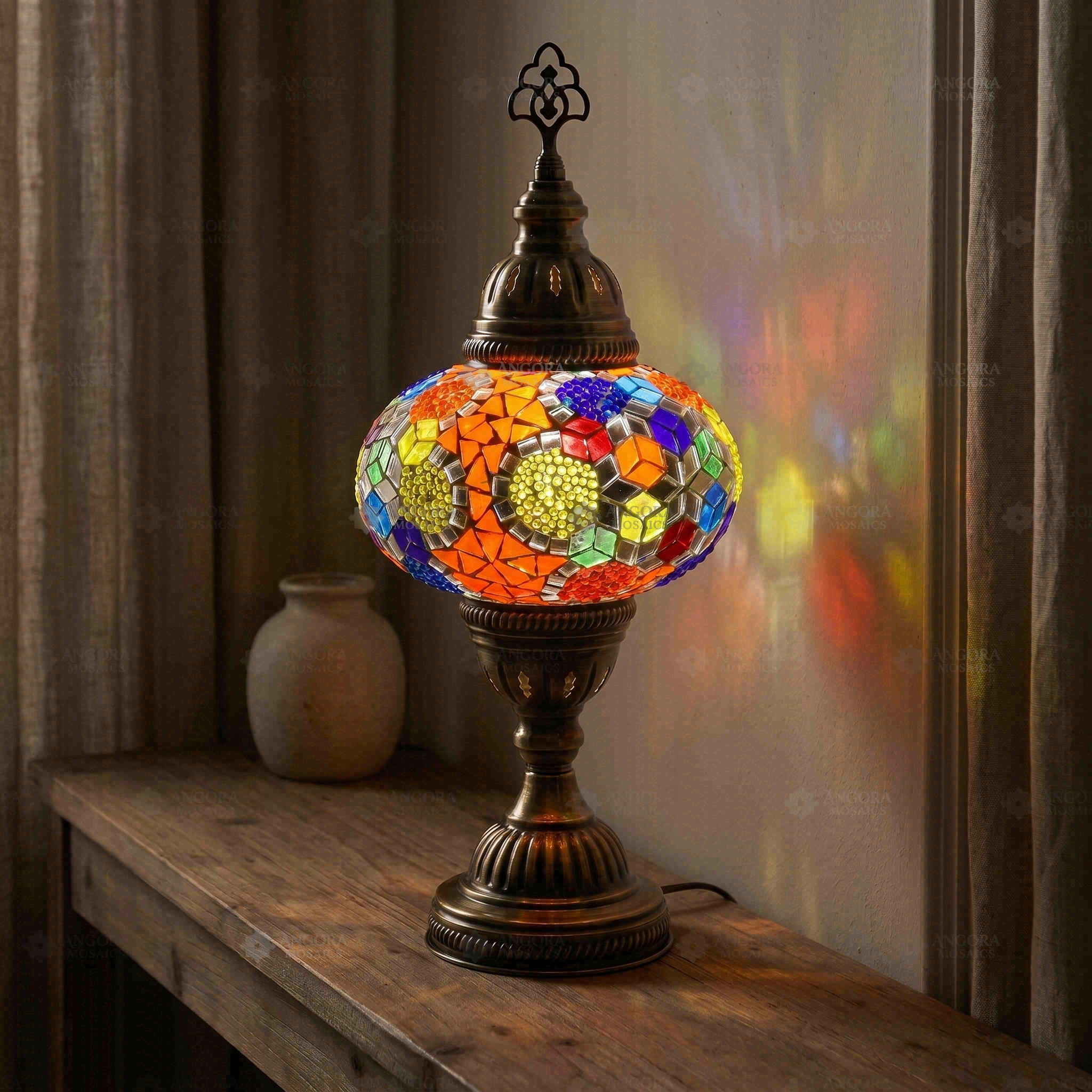 Multicolor multicolor jewel Turkish mosaic table lamp in styled room — handmade Moroccan table lamp (ENV MUN3012)