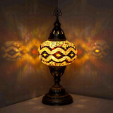 Warm Tones Turkish mosaic table lamp illuminated, showing colorful light projection (ENV MUN3013)