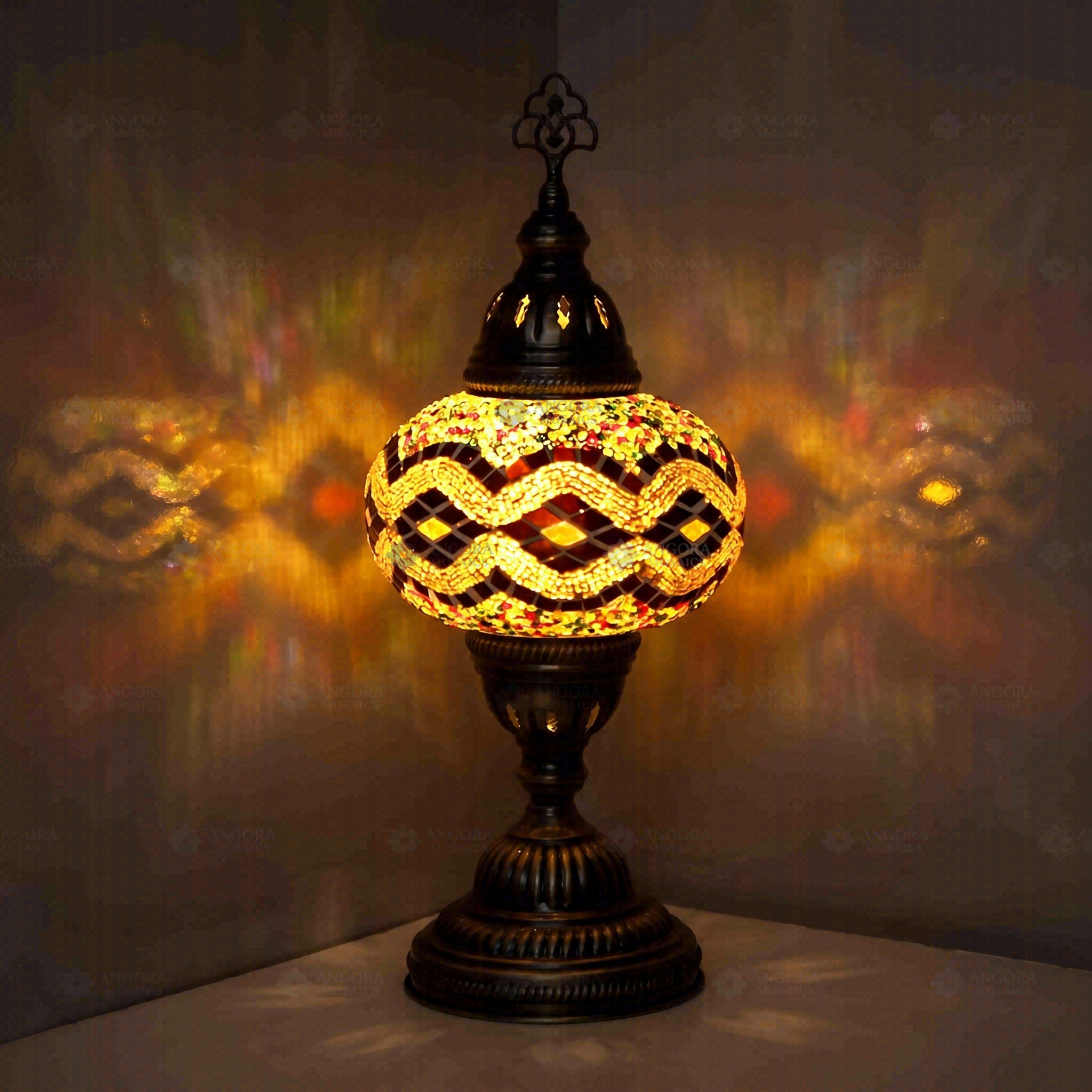 Warm Tones Turkish mosaic table lamp illuminated, showing colorful light projection (ENV MUN3013)