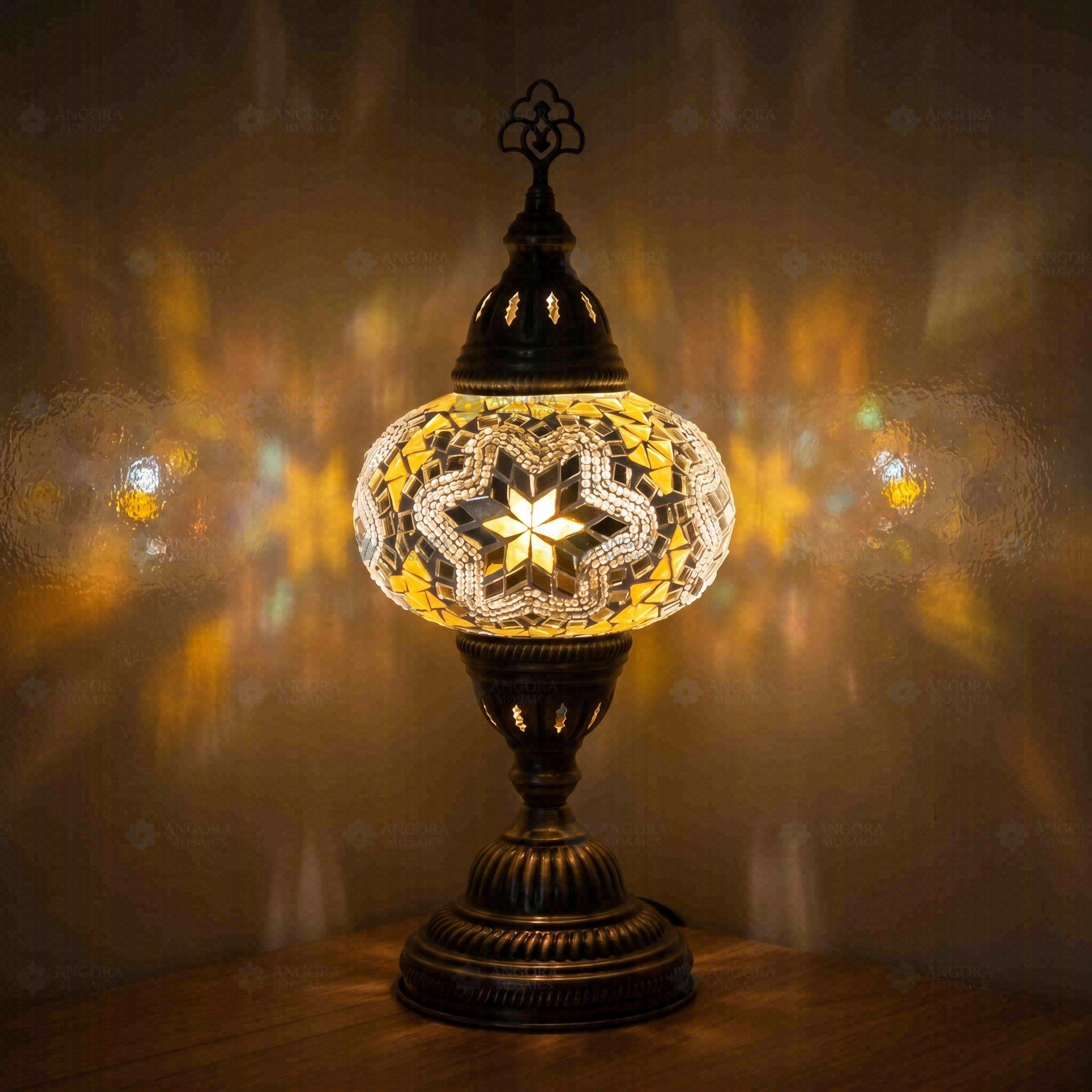 White Turkish mosaic table lamp illuminated, showing colorful light projection (ENV MUN3015)