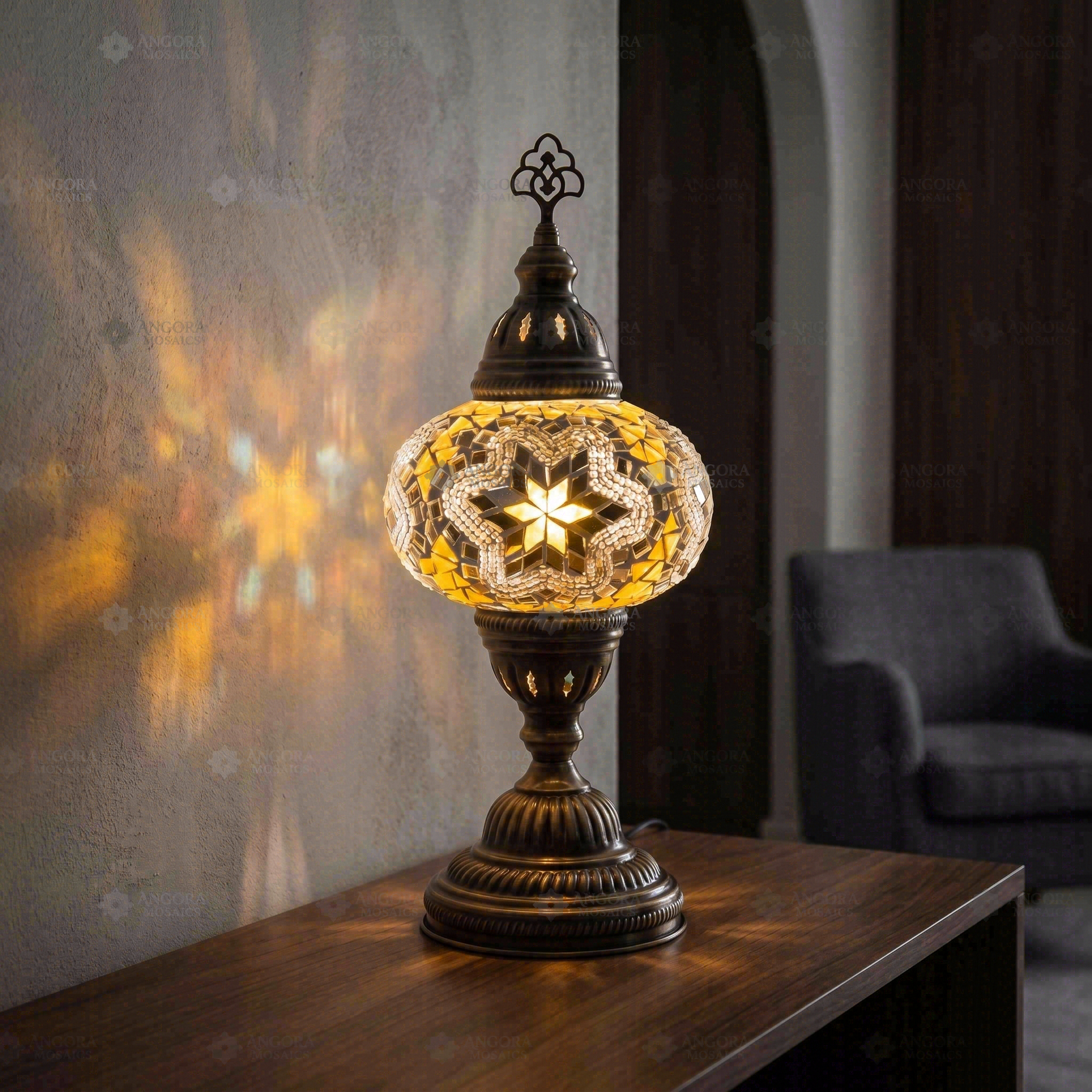 White white glow Turkish mosaic table lamp in styled room — handmade Moroccan table lamp (ENV MUN3015)