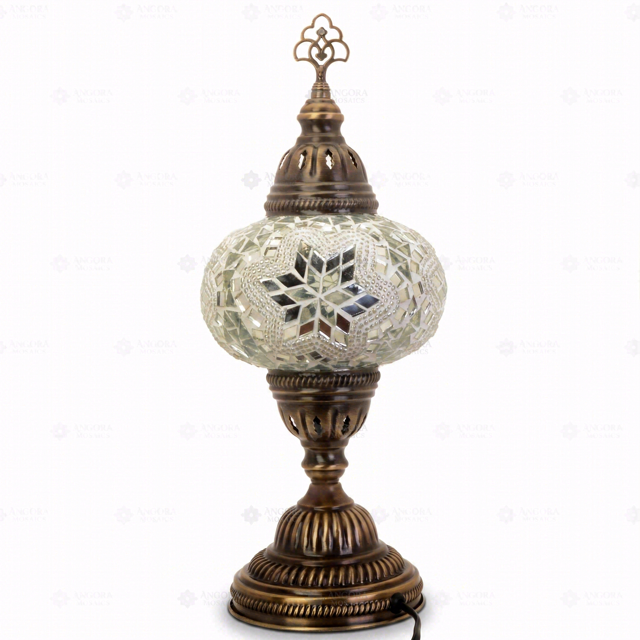 Full view of handmade White white glow Turkish mosaic table lamp on white background (ENV MUN3015)