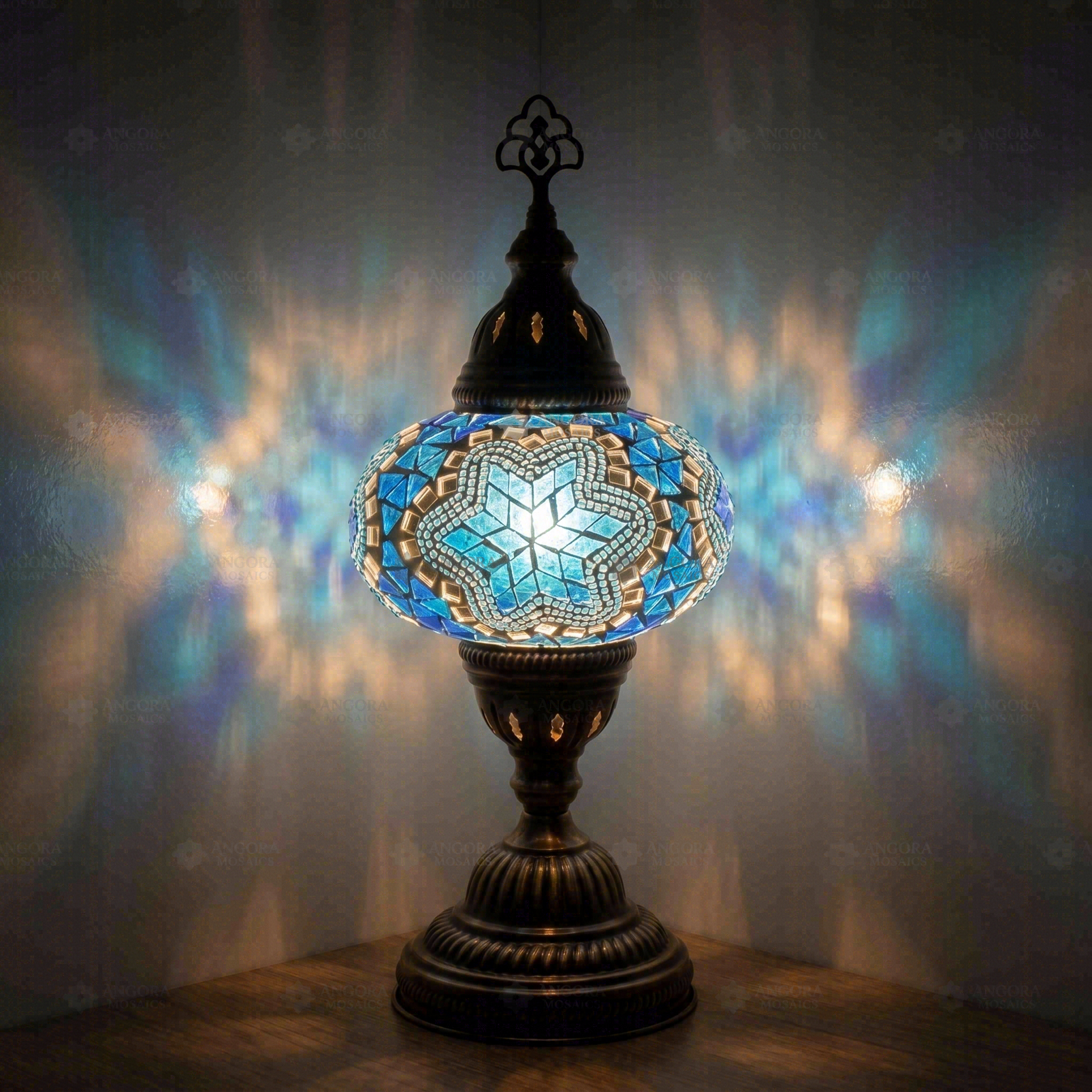 Blue Turkish mosaic table lamp illuminated, showing colorful light projection (ENV MUN3016)