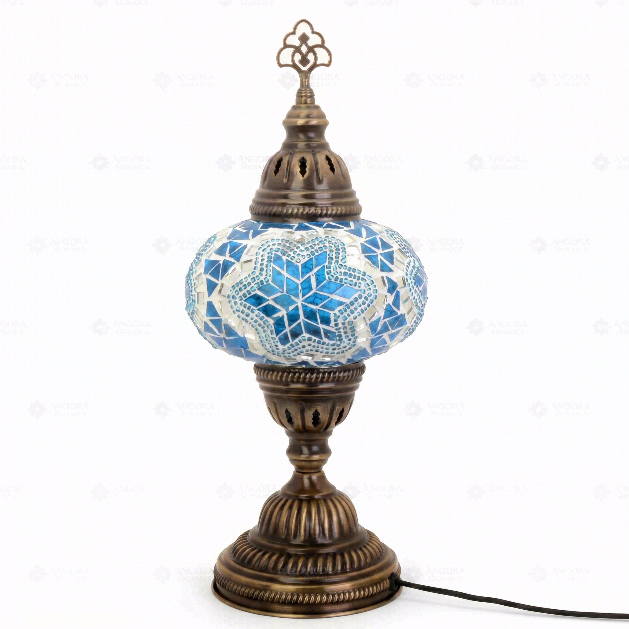 Full view of handmade Blue blue jewel Turkish mosaic table lamp on white background (ENV MUN3016)