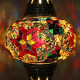 Lit close-up of mosaic glass globe — Multicolor table lamp glowing (ENV MUN3017)