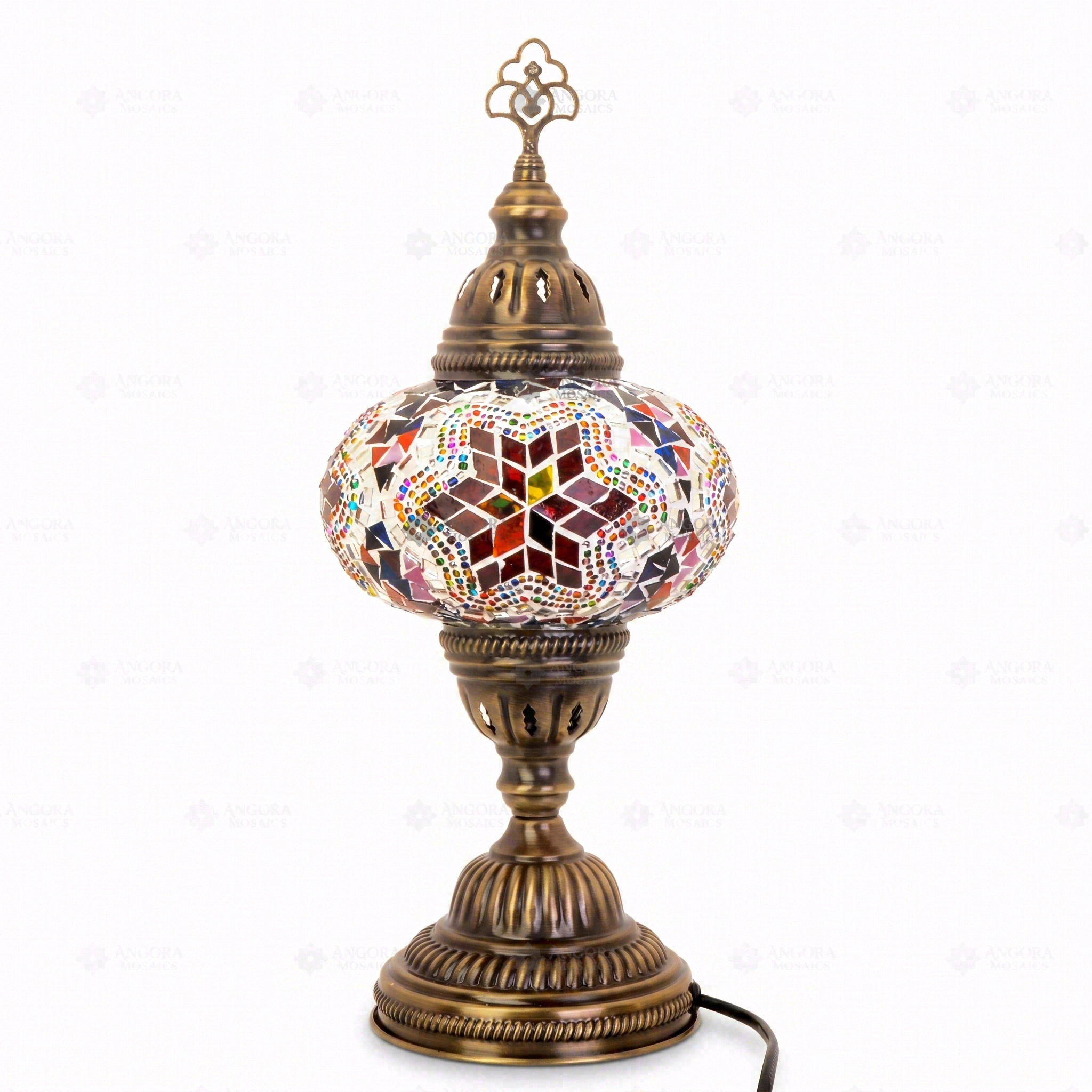 Full view of handmade Multicolor multicolor jewel Turkish mosaic table lamp on white background (ENV MUN3017)