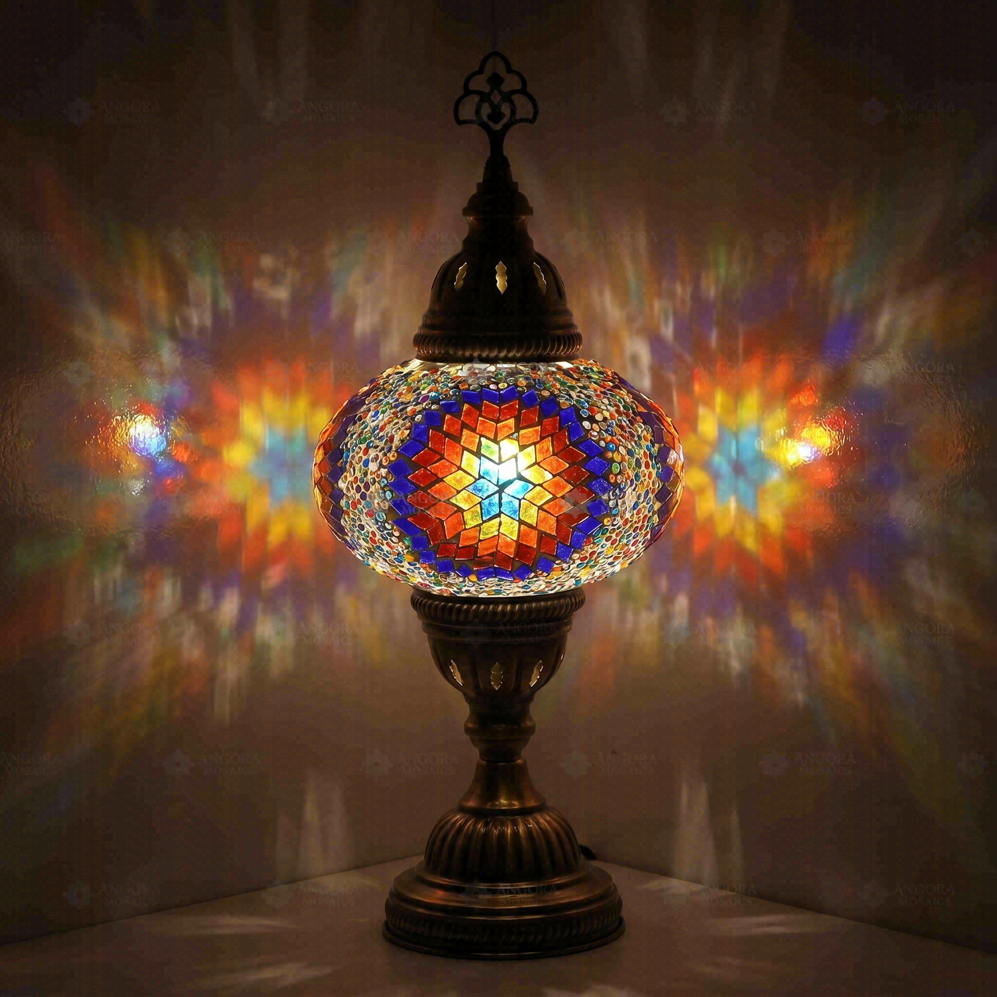 Multicolor Turkish mosaic table lamp illuminated, showing colorful light projection (ENV MUN3018)