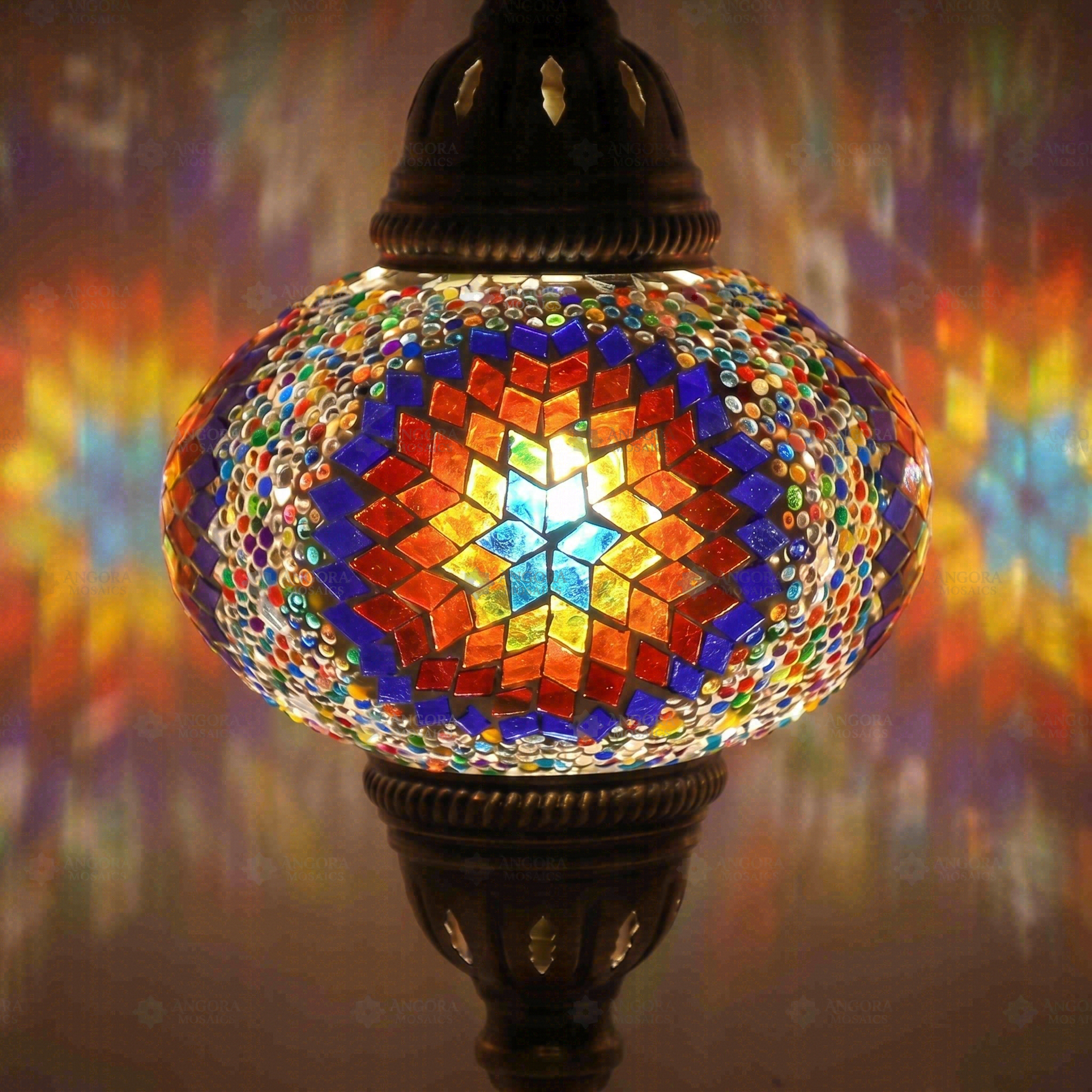 Lit close-up of mosaic glass globe — Multicolor table lamp glowing (ENV MUN3018)