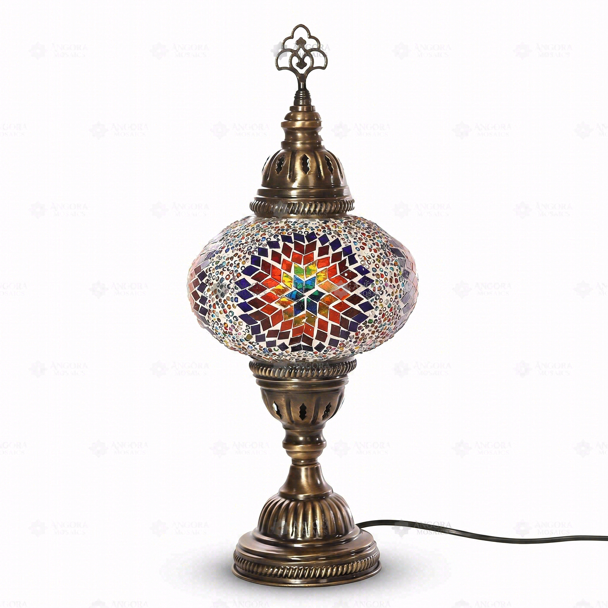 Full view of handmade Multicolor multicolor jewel Turkish mosaic table lamp on white background (ENV MUN3018)