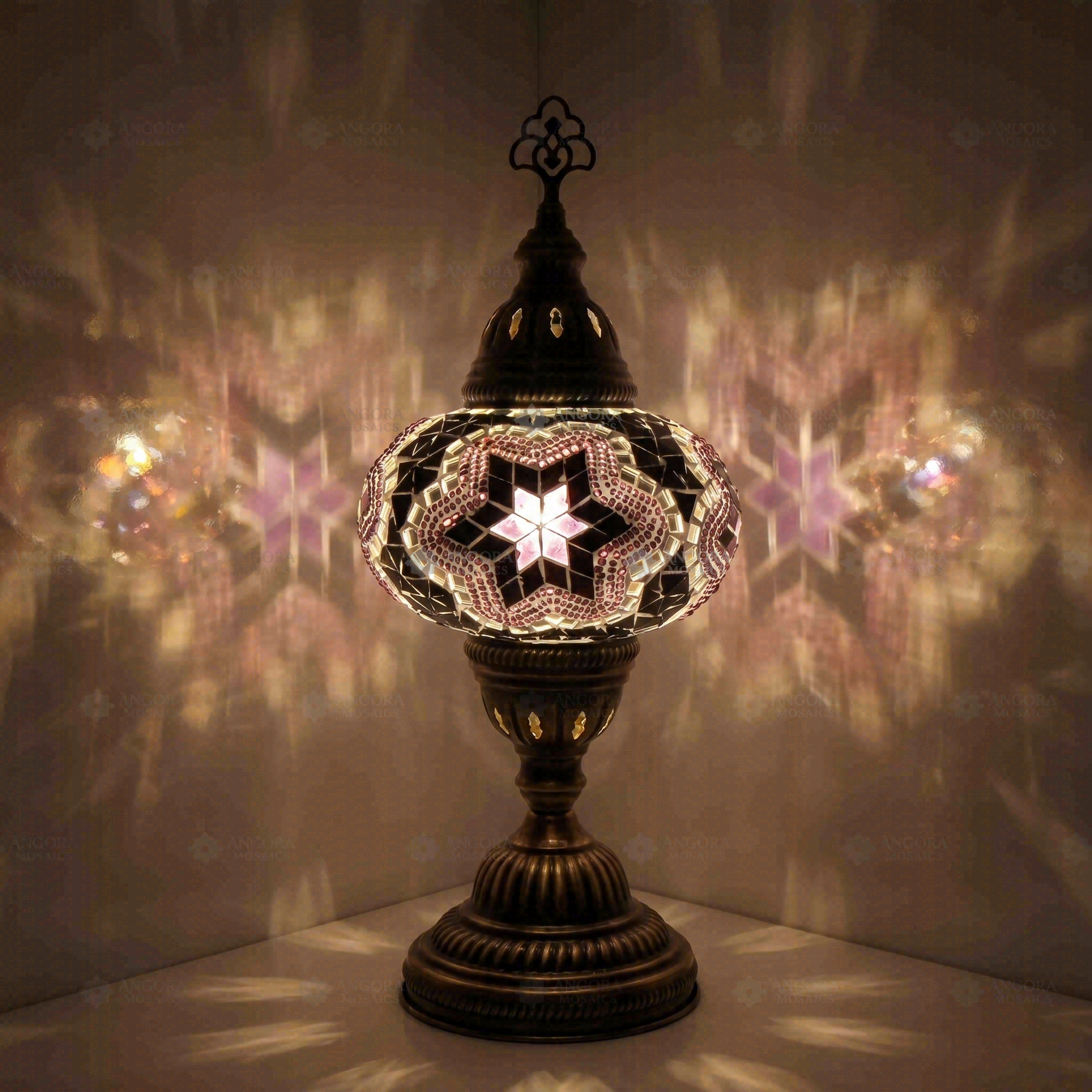Purple Turkish mosaic table lamp illuminated, showing colorful light projection (ENV MUN3019)