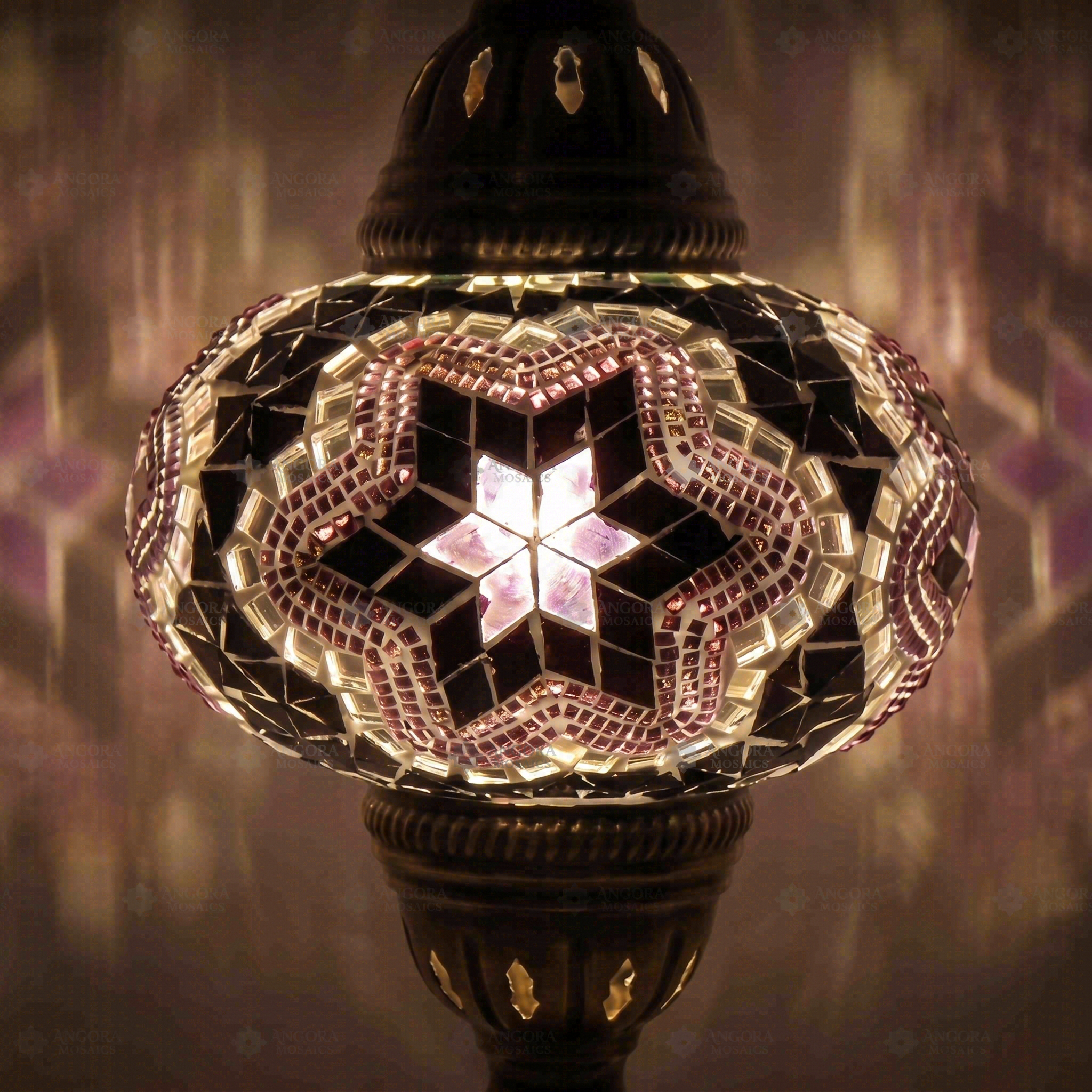 Lit close-up of mosaic glass globe — Purple table lamp glowing (ENV MUN3019)