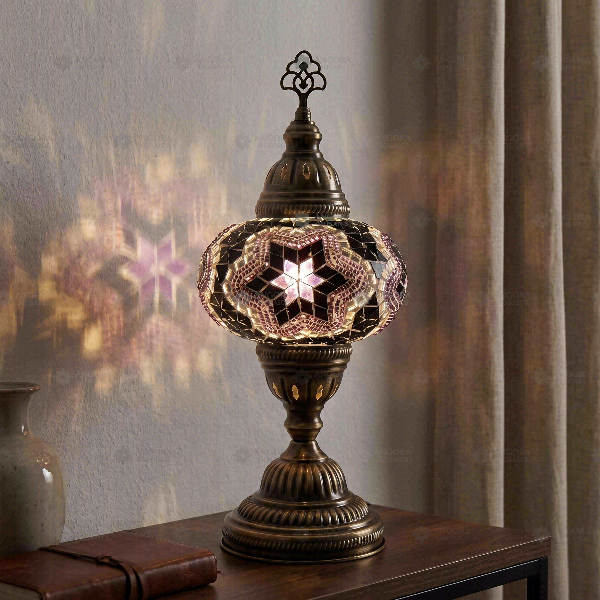 Purple purple jewel Turkish mosaic table lamp in styled room — handmade Moroccan table lamp (ENV MUN3019)