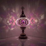 Purple Turkish mosaic table lamp illuminated, showing colorful light projection (ENV MUN3020)