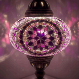 Lit close-up of mosaic glass globe — Purple table lamp glowing (ENV MUN3020)