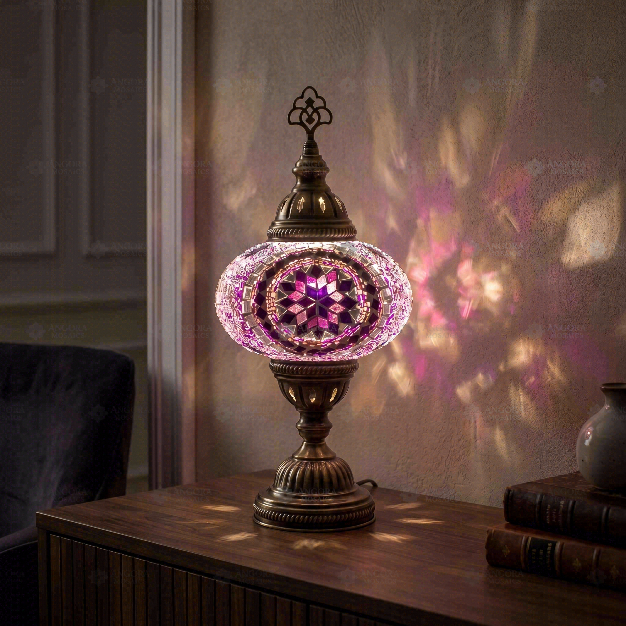Purple purple jewel Turkish mosaic table lamp in styled room — handmade Moroccan table lamp (ENV MUN3020)