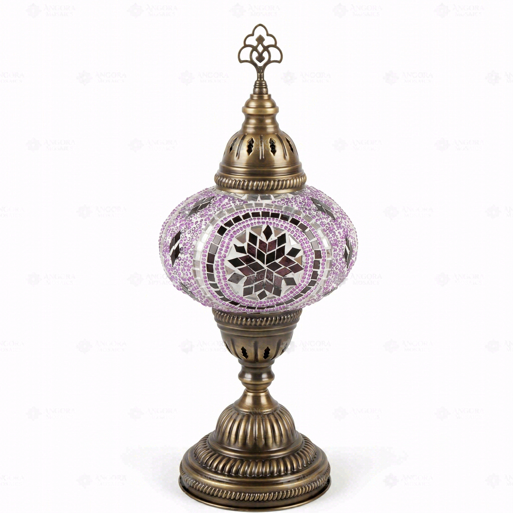 Full view of handmade Purple purple jewel Turkish mosaic table lamp on white background (ENV MUN3020)