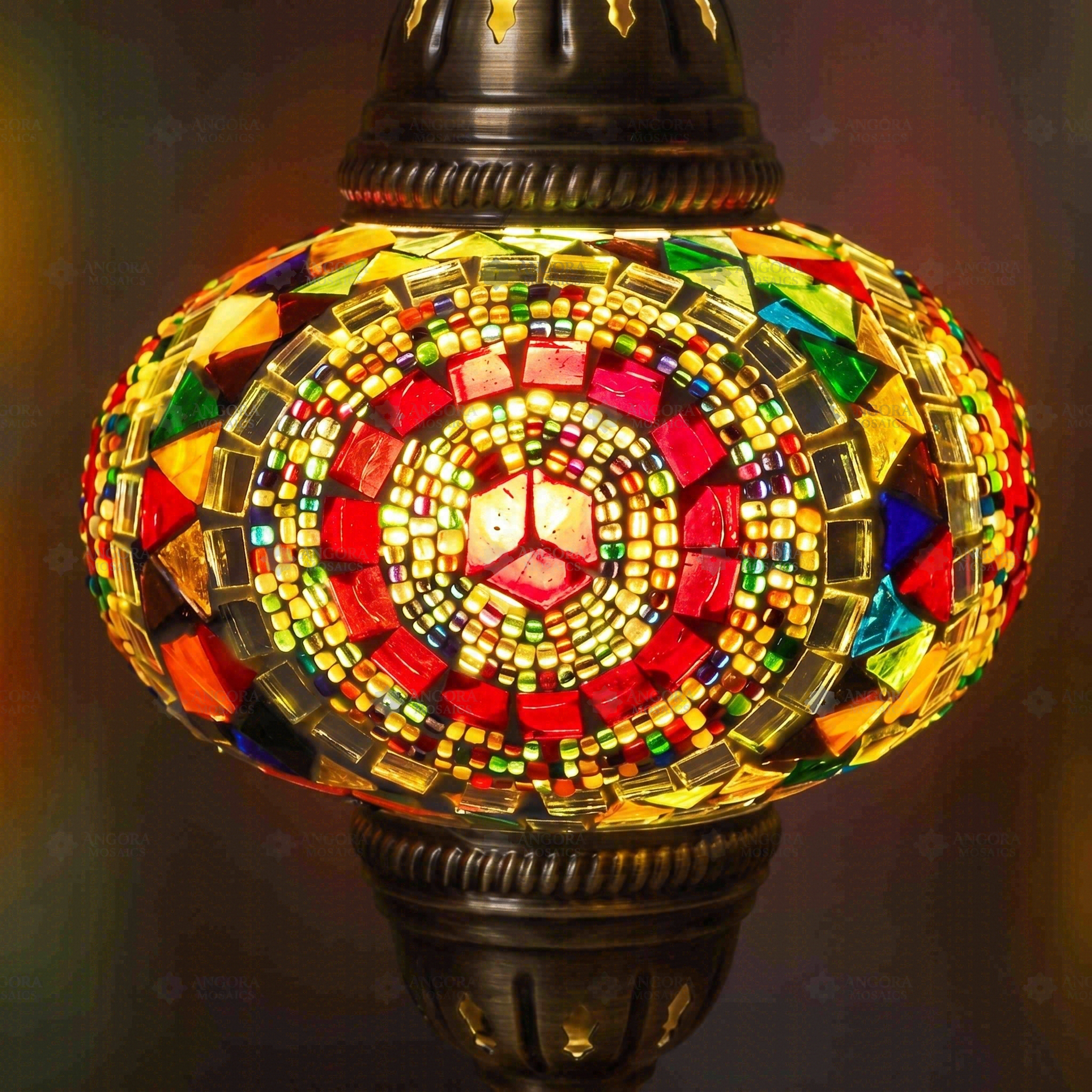 Lit close-up of mosaic glass globe — Multicolor table lamp glowing (ENV MUN3021)