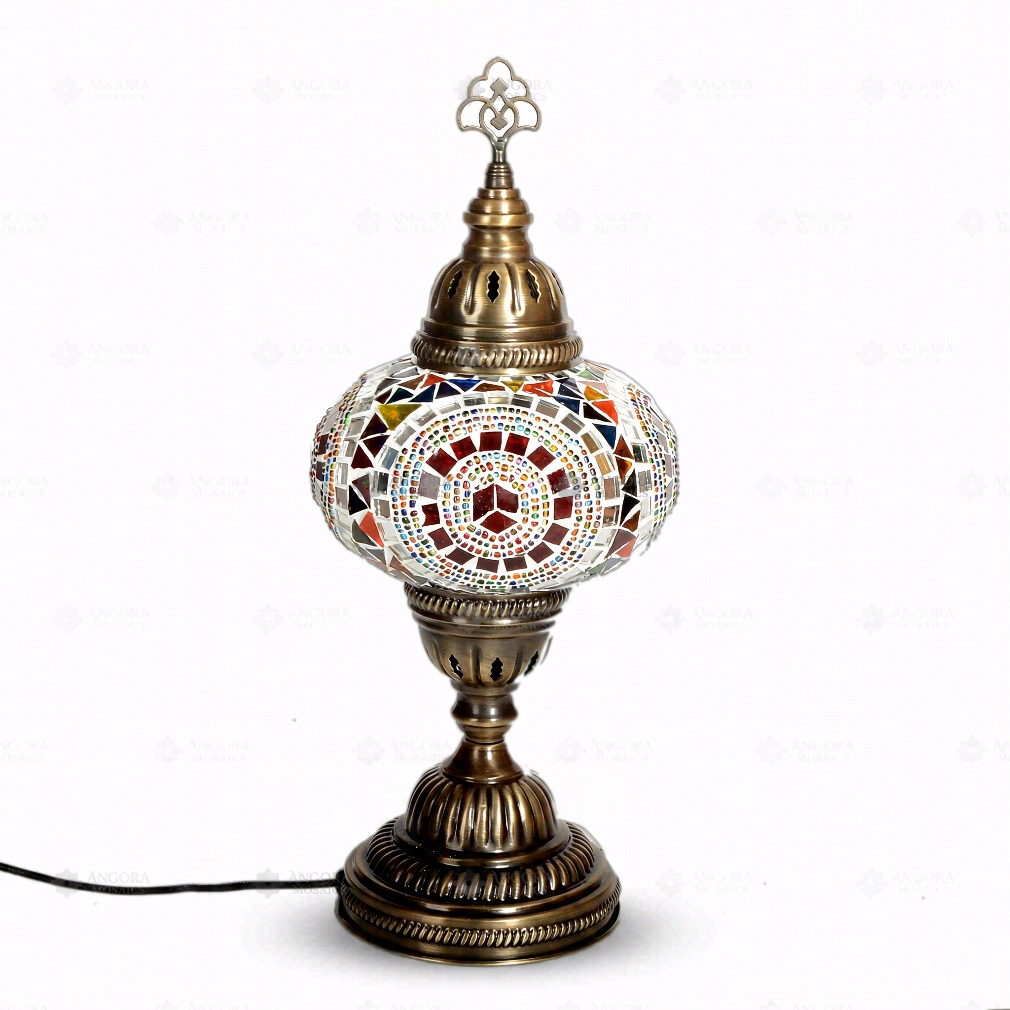 Full view of handmade Multicolor multicolor jewel Turkish mosaic table lamp on white background (ENV MUN3021)