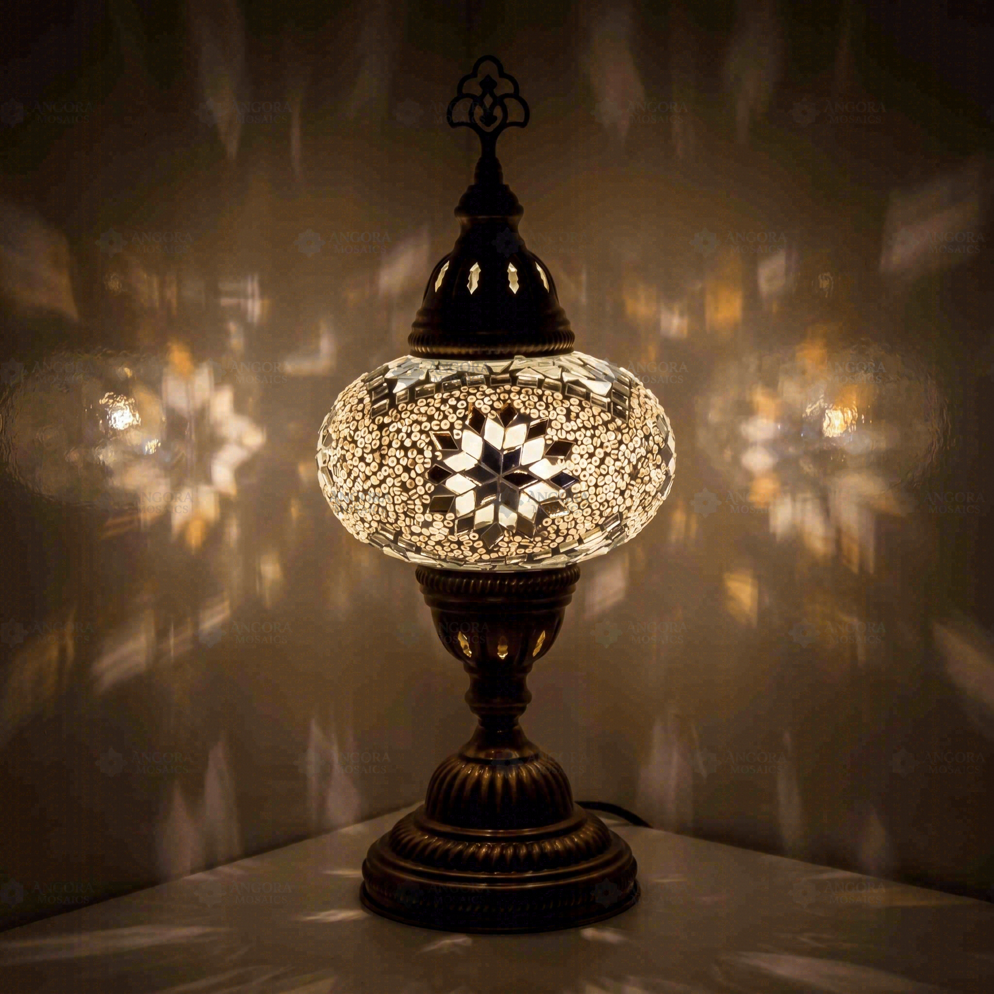 White Turkish mosaic table lamp illuminated, showing colorful light projection (ENV MUN3022)