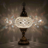 White Turkish mosaic table lamp illuminated, showing colorful light projection (ENV MUN3023)