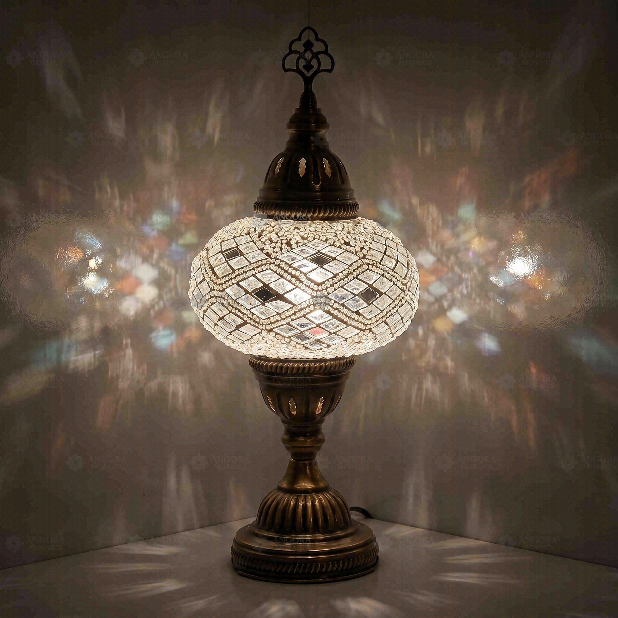 White Turkish mosaic table lamp illuminated, showing colorful light projection (ENV MUN3023)