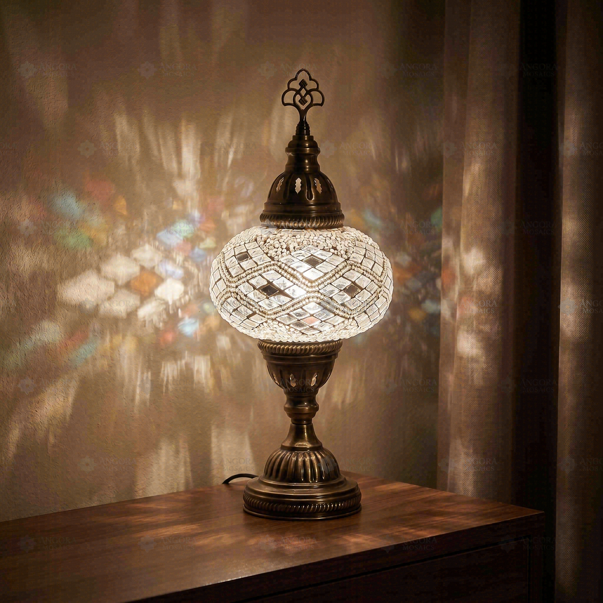 White white glow Turkish mosaic table lamp in styled room — handmade Moroccan table lamp (ENV MUN3023)