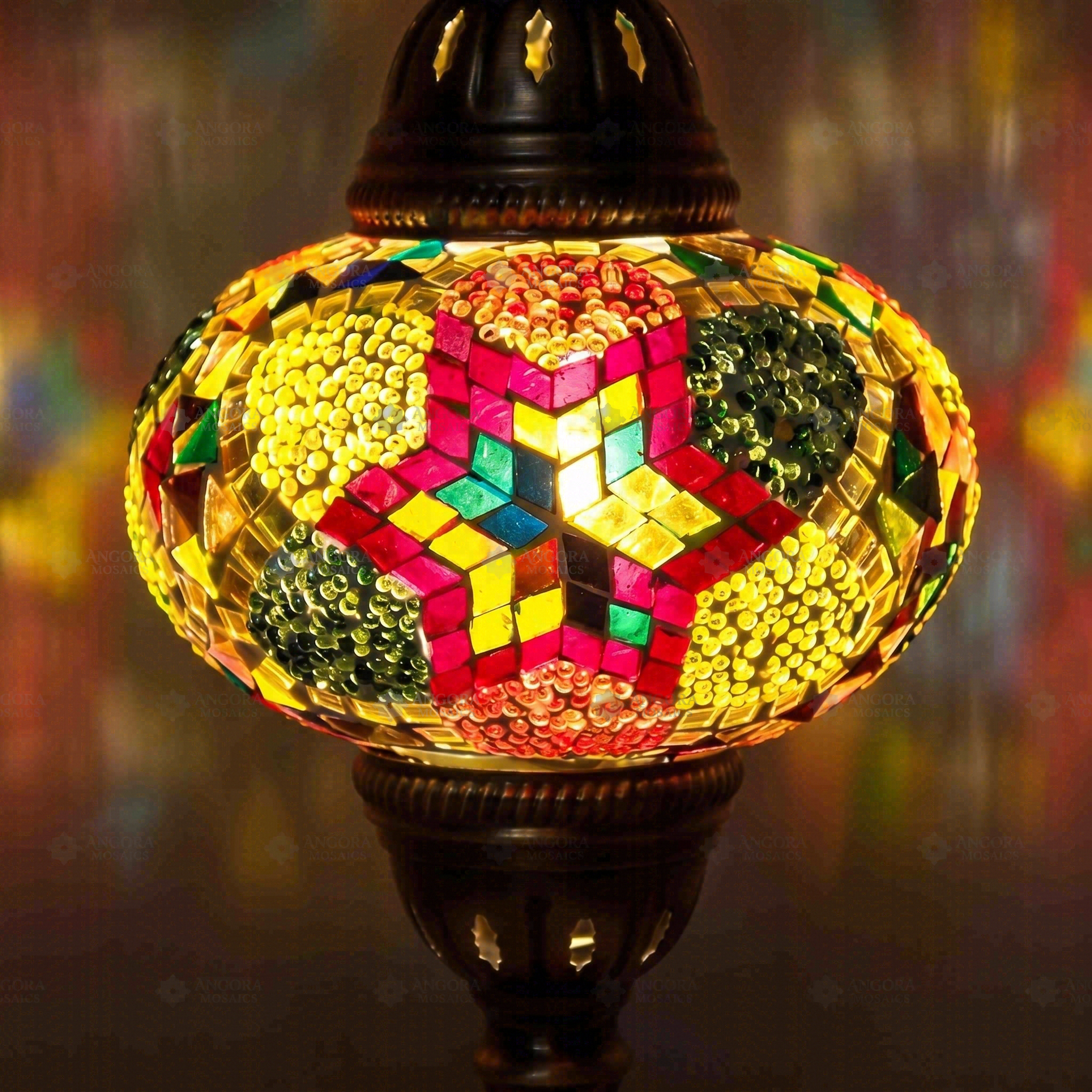 Lit close-up of mosaic glass globe — Multicolor table lamp glowing (ENV MUN3024)