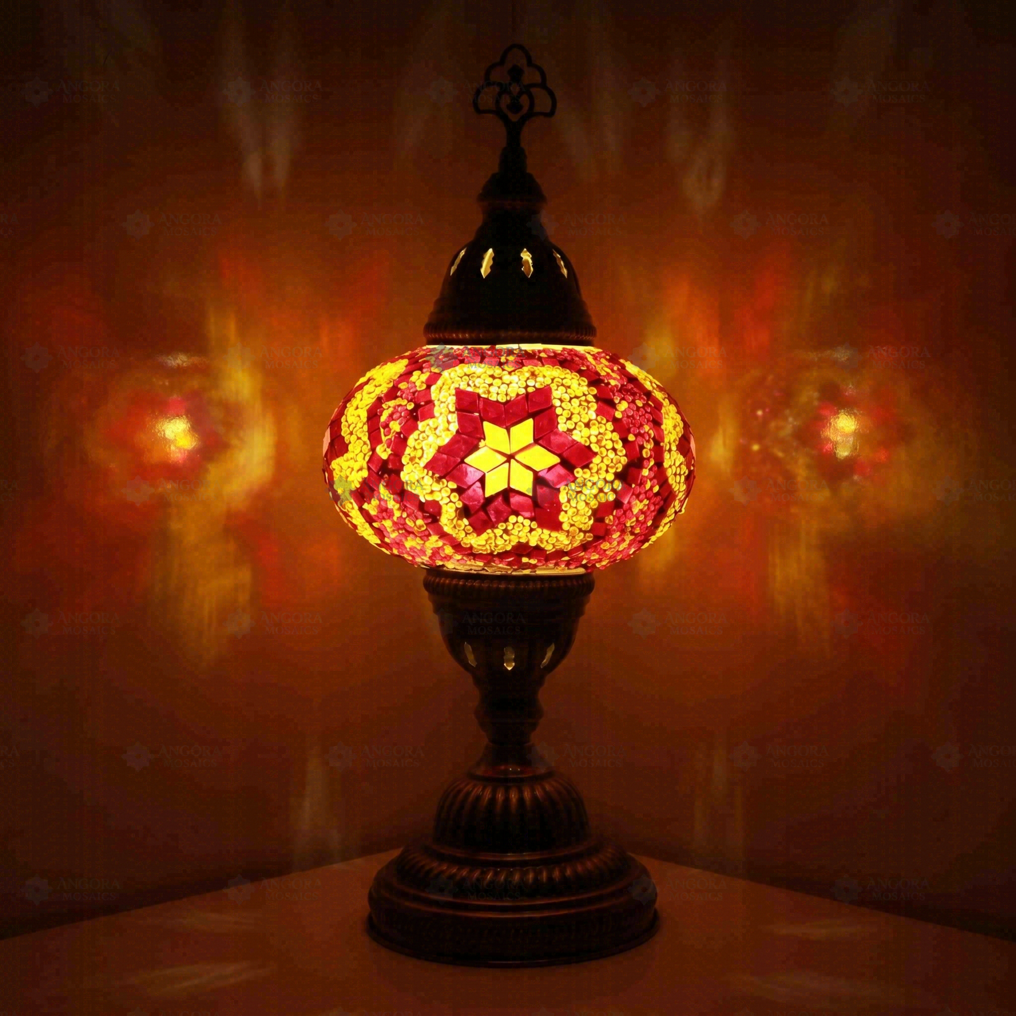 Amber Turkish mosaic table lamp illuminated, showing colorful light projection (ENV MUN3025)