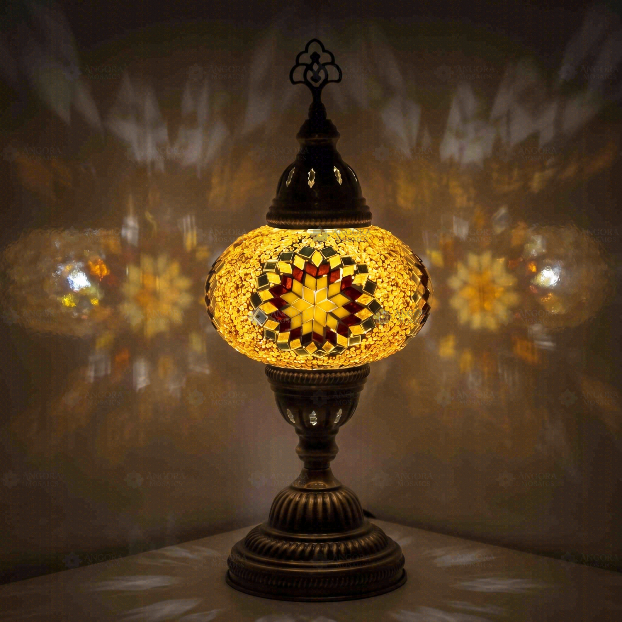 Amber Turkish mosaic table lamp illuminated, showing colorful light projection (ENV MUN3026)