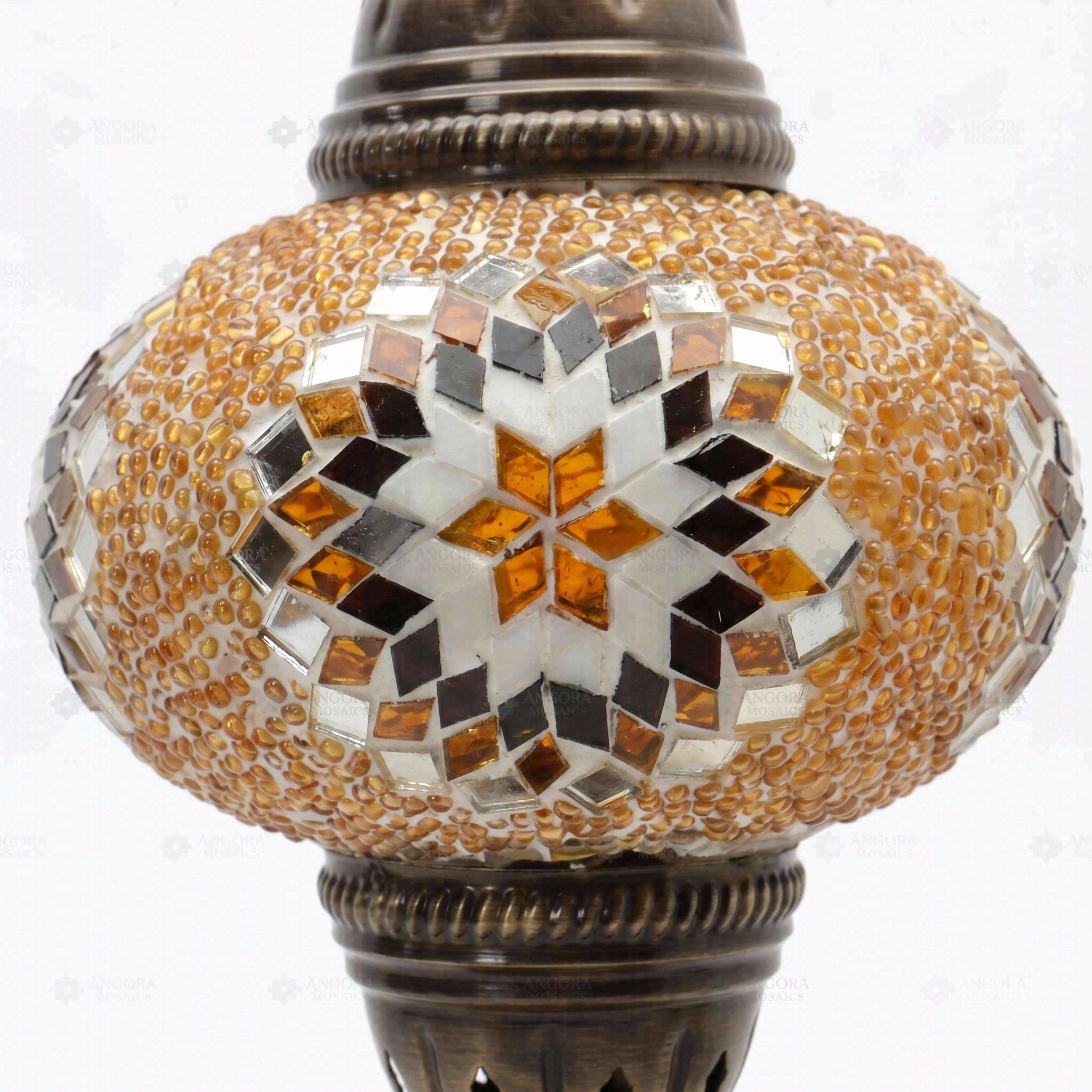 Close-up of Amber warm amber mosaic glass globe pattern — table lamp (ENV MUN3026)