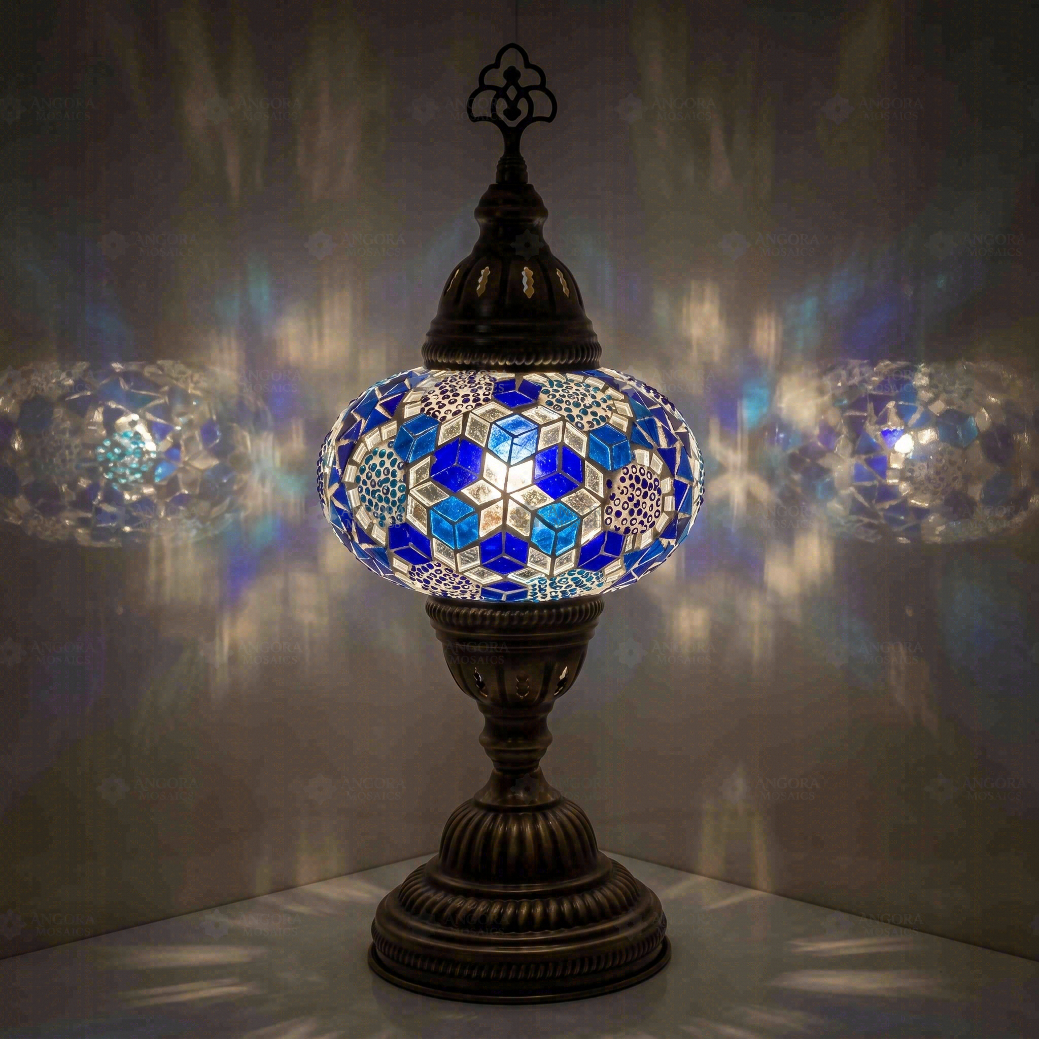 Blue Turkish mosaic table lamp illuminated, showing colorful light projection (ENV MUN3028)