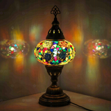 Multicolor Turkish mosaic table lamp illuminated, showing colorful light projection (ENV MUN3029)