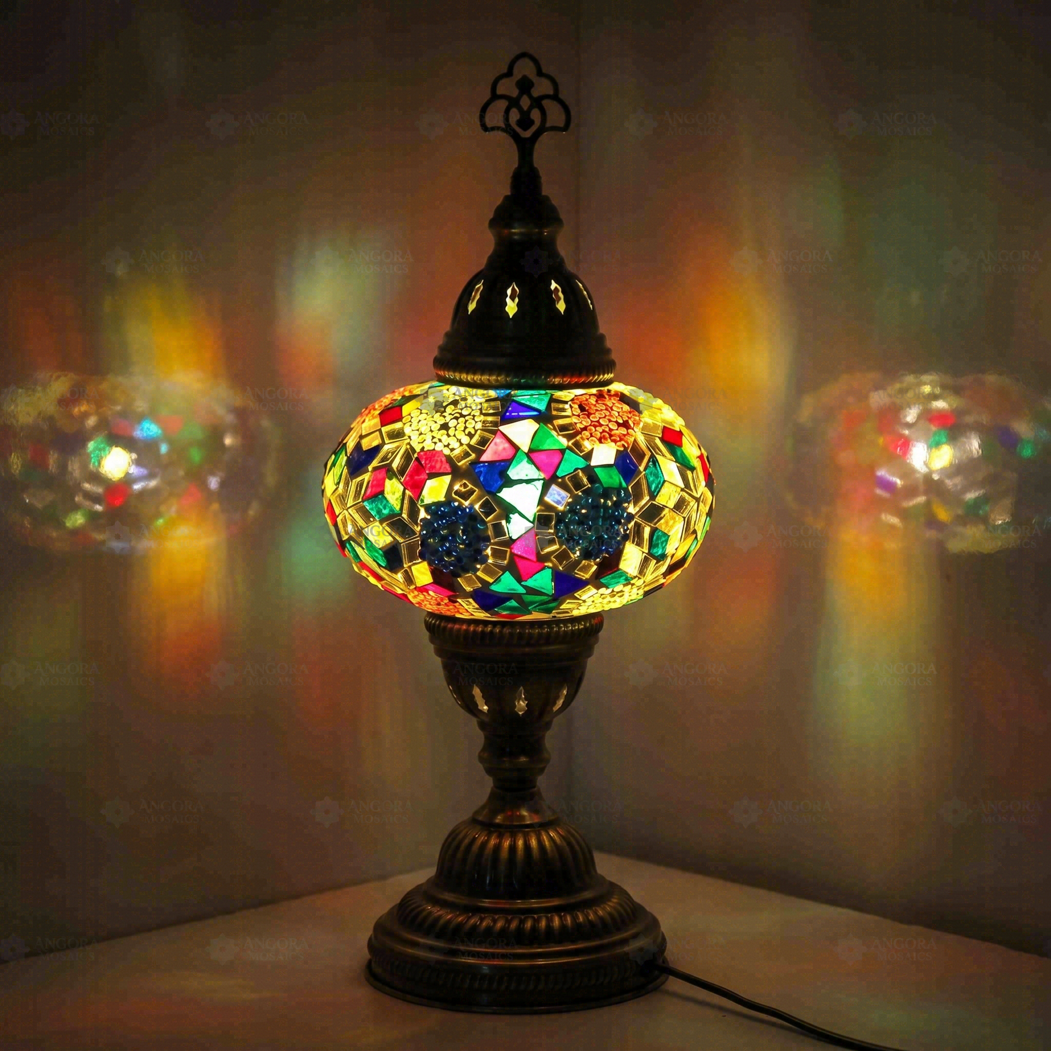 Multicolor Turkish mosaic table lamp illuminated, showing colorful light projection (ENV MUN3029)