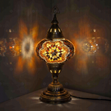 Amber Turkish mosaic table lamp illuminated, showing colorful light projection (ENV MUN3031)