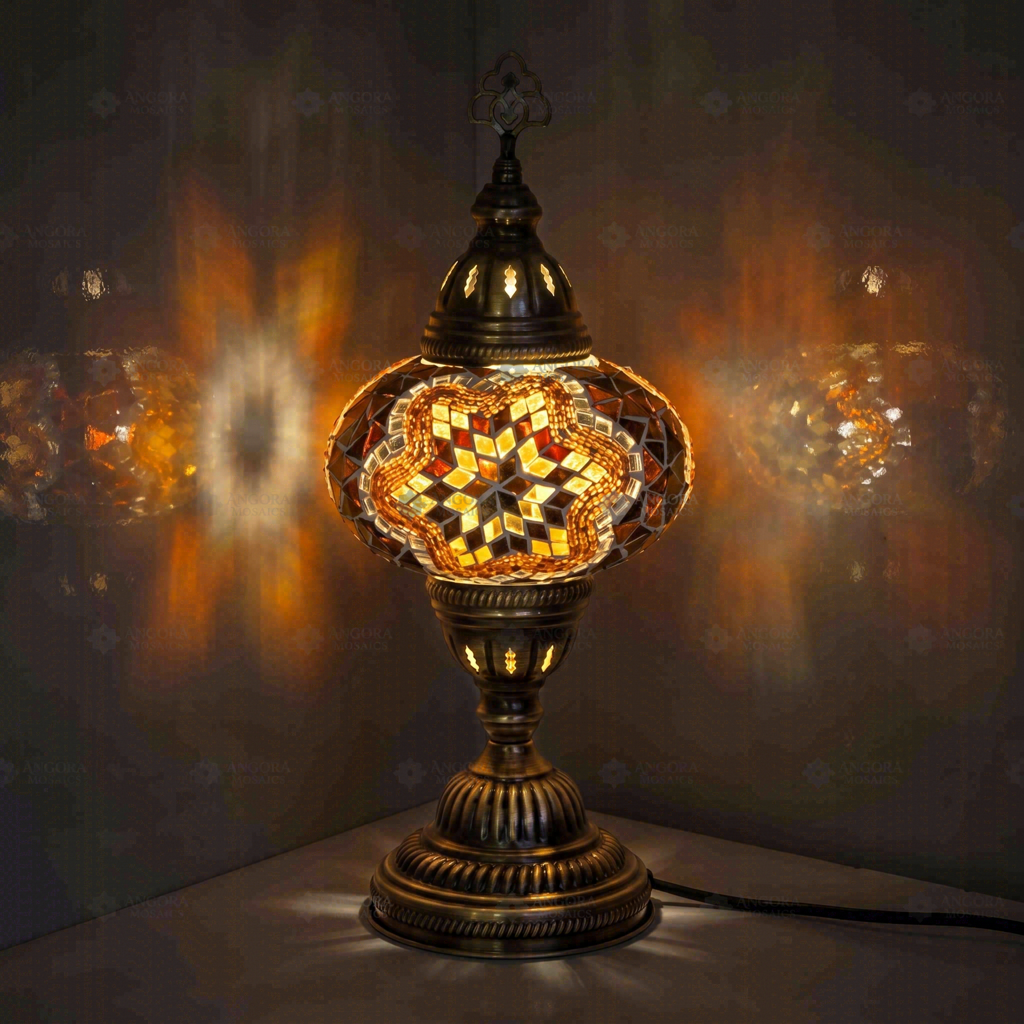 Amber Turkish mosaic table lamp illuminated, showing colorful light projection (ENV MUN3031)