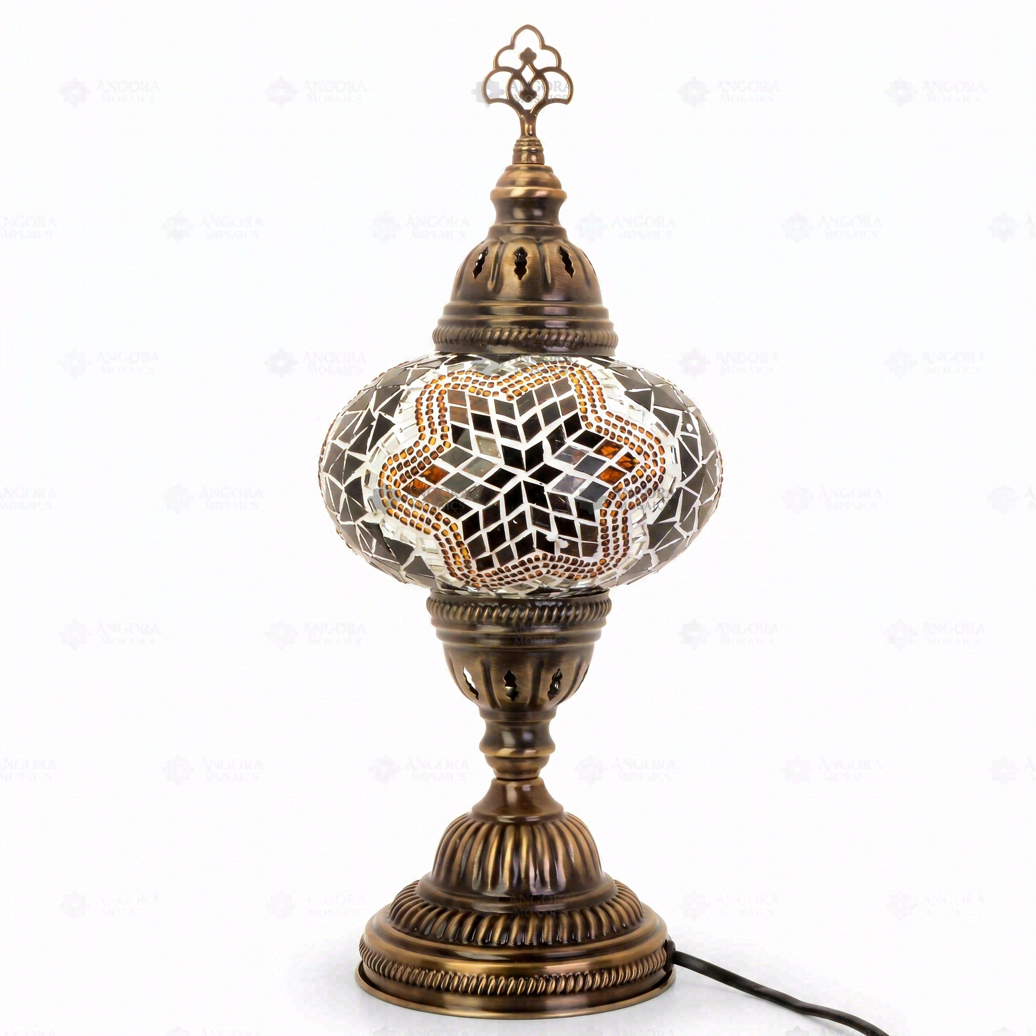 Full view of handmade Amber warm amber Turkish mosaic table lamp on white background (ENV MUN3031)