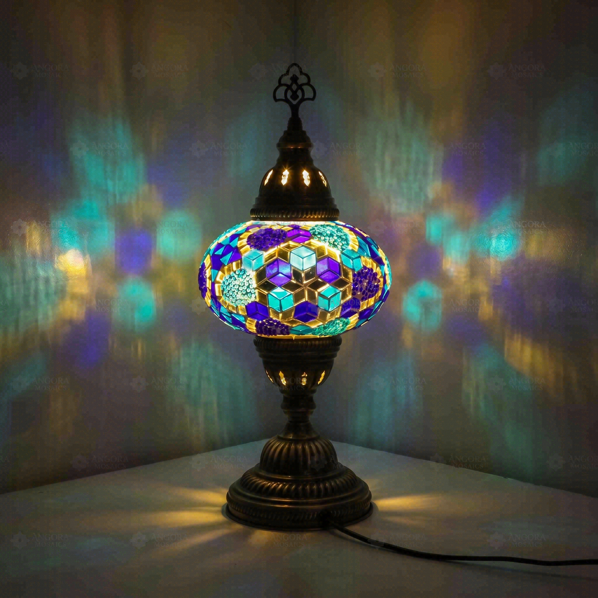 Blue Turkish mosaic table lamp illuminated, showing colorful light projection (ENV MUN3032)