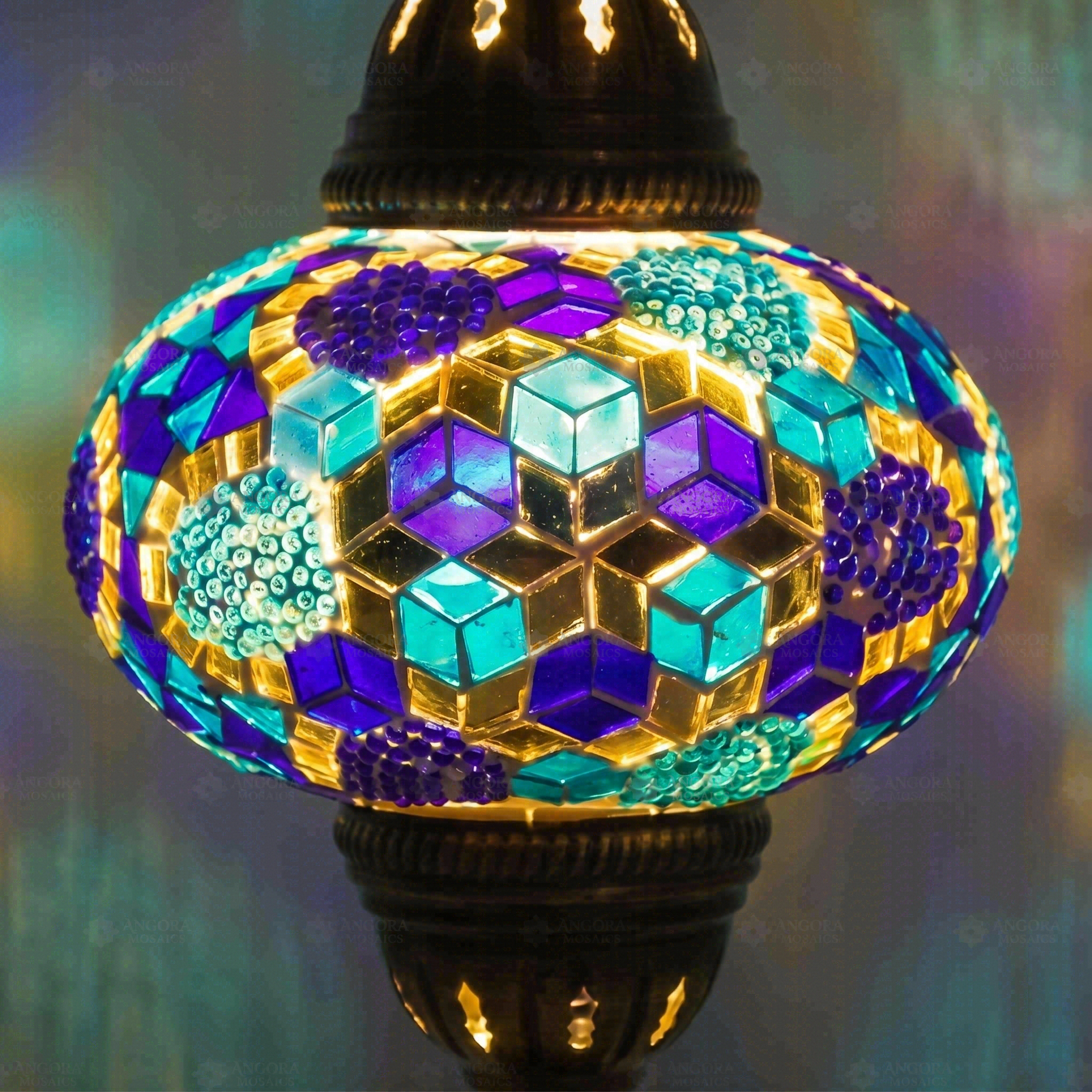 Lit close-up of mosaic glass globe — Blue table lamp glowing (ENV MUN3032)