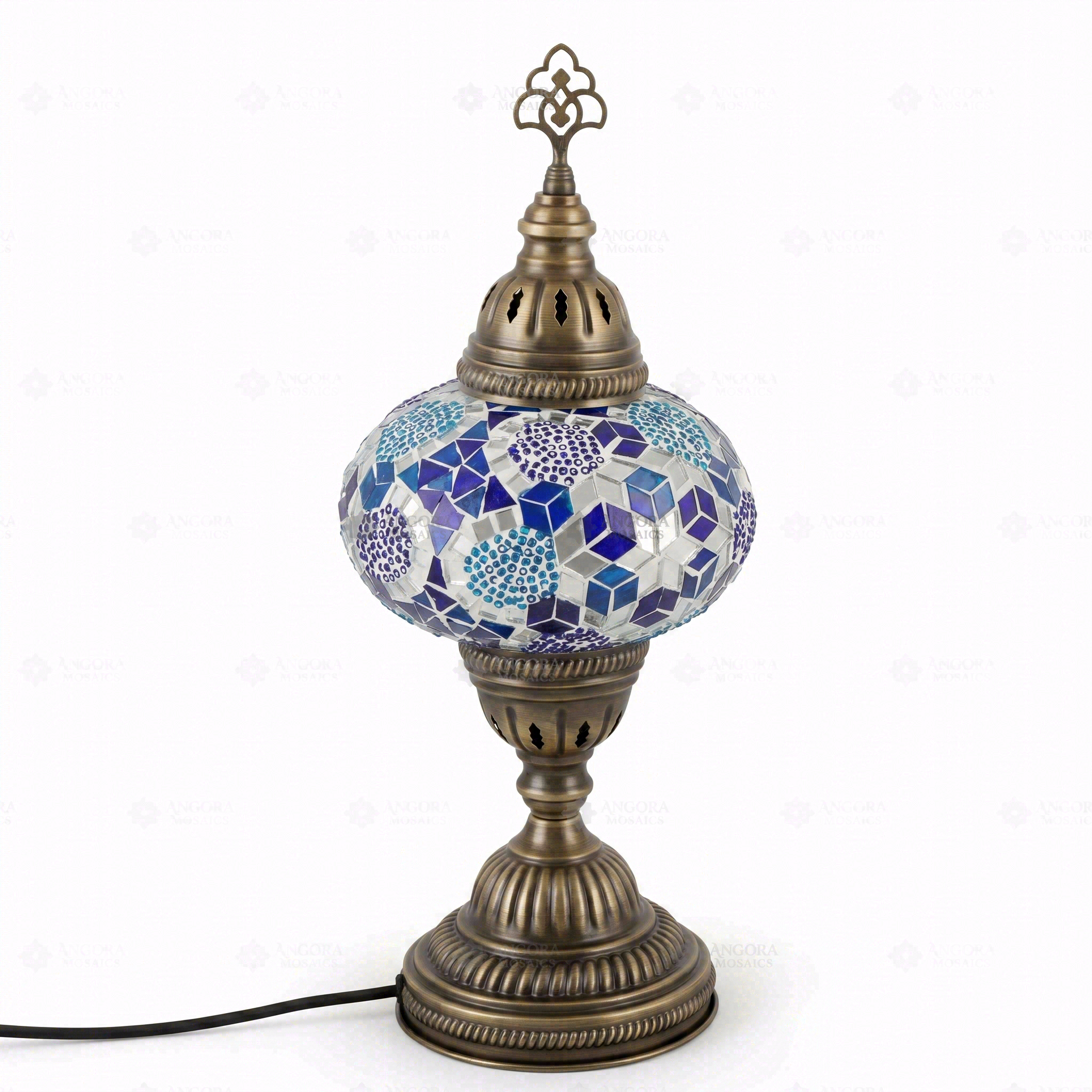 Full view of handmade Blue blue jewel Turkish mosaic table lamp on white background (ENV MUN3032)