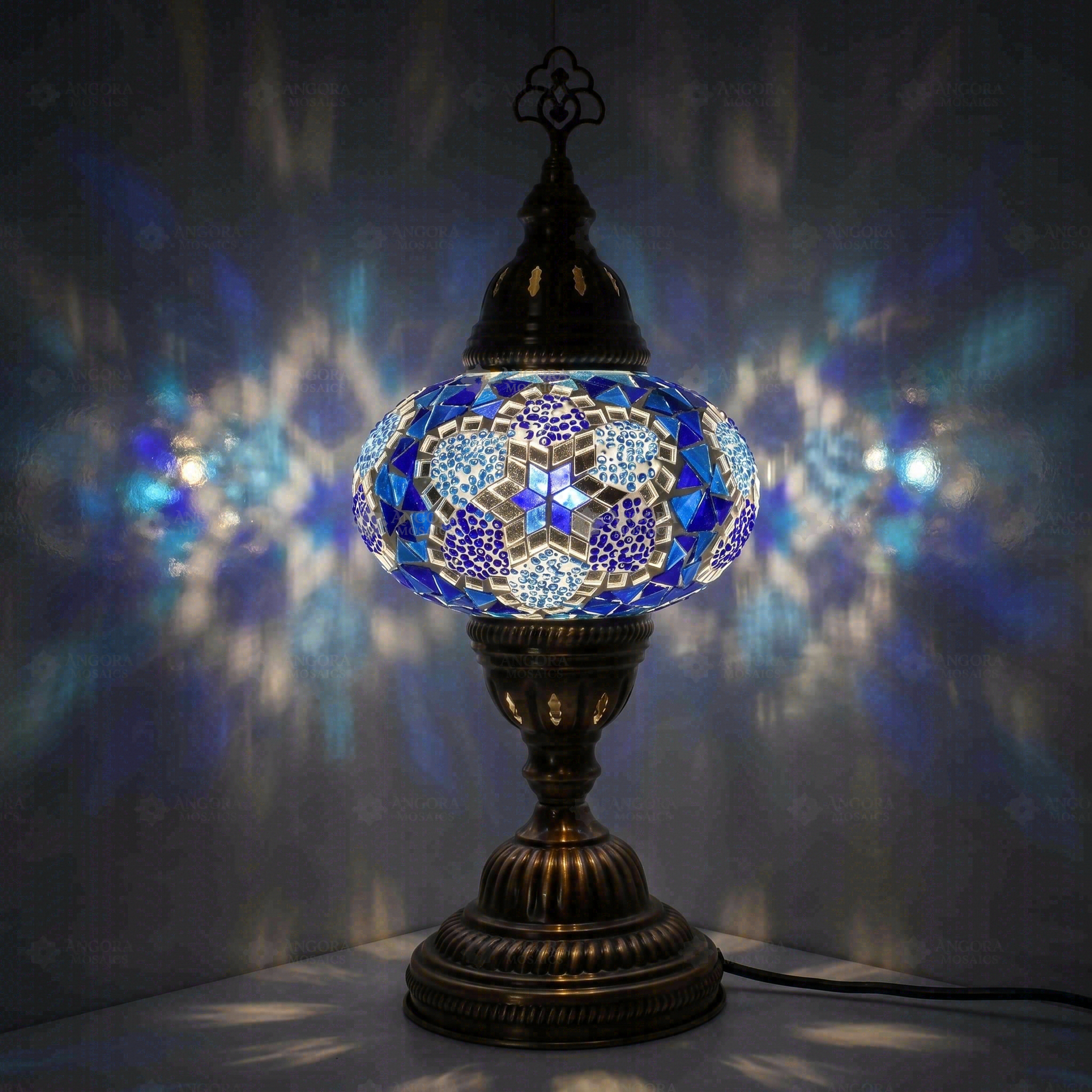 Blue Turkish mosaic table lamp illuminated, showing colorful light projection (ENV MUN3034)