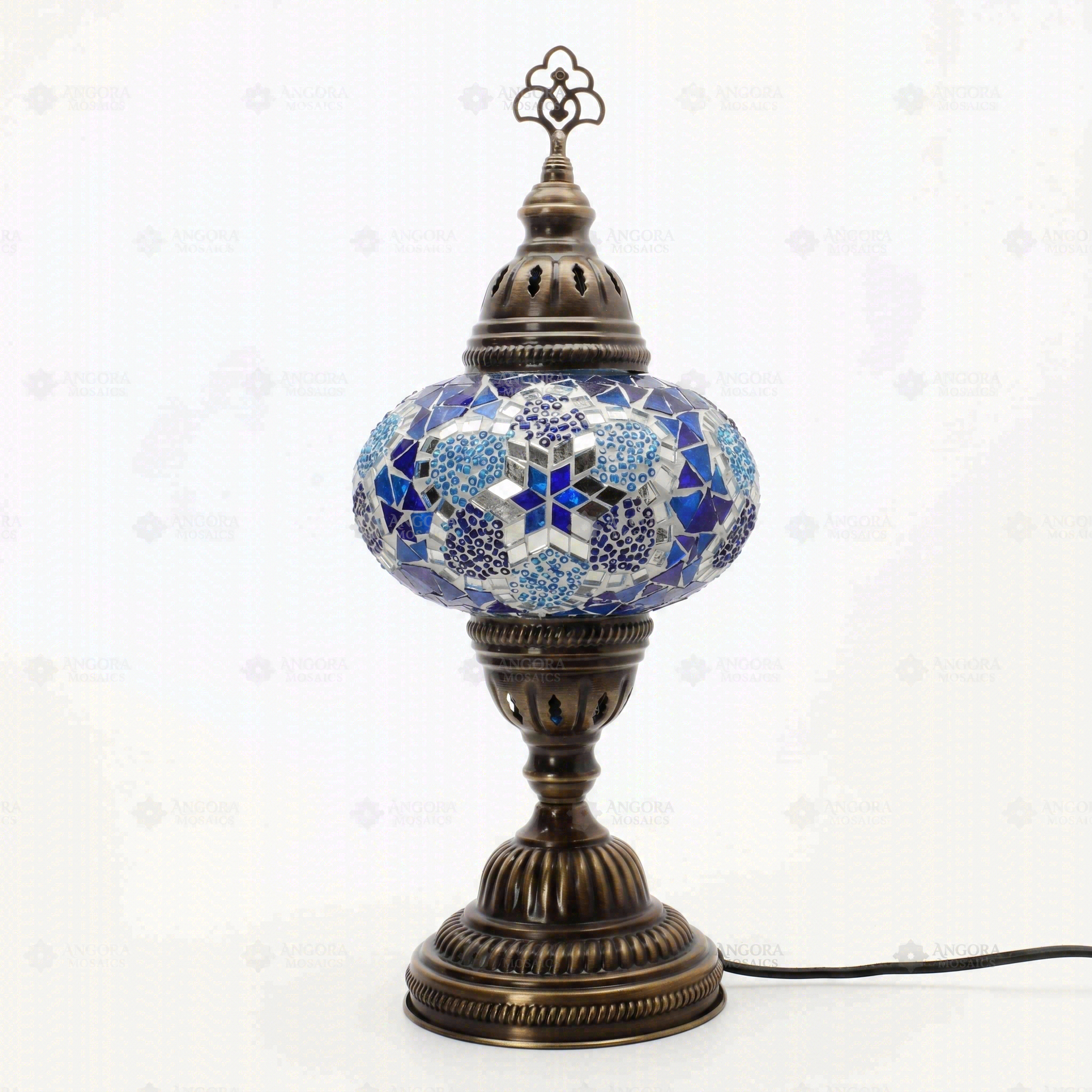 Full view of handmade Blue blue jewel Turkish mosaic table lamp on white background (ENV MUN3034)