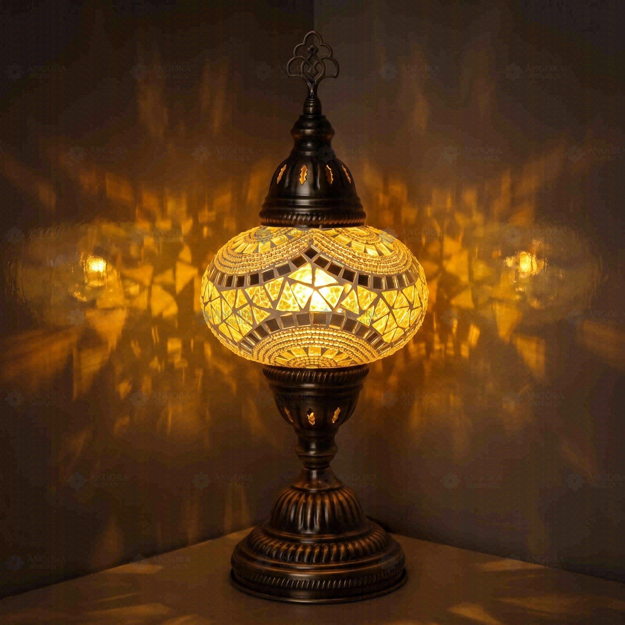 Clear Turkish mosaic table lamp illuminated, showing colorful light projection (ENV MUN3036)