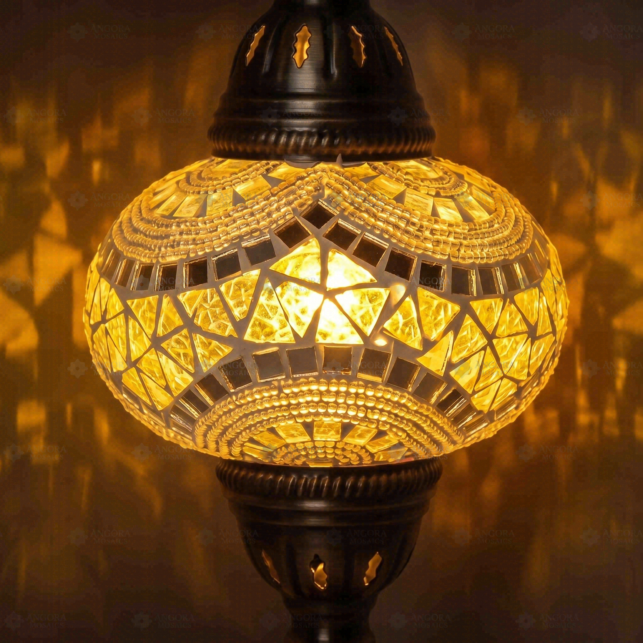 Lit close-up of mosaic glass globe — Clear table lamp glowing (ENV MUN3036)
