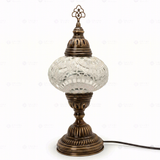 Full view of handmade Clear clear neutral Turkish mosaic table lamp on white background (ENV MUN3036)