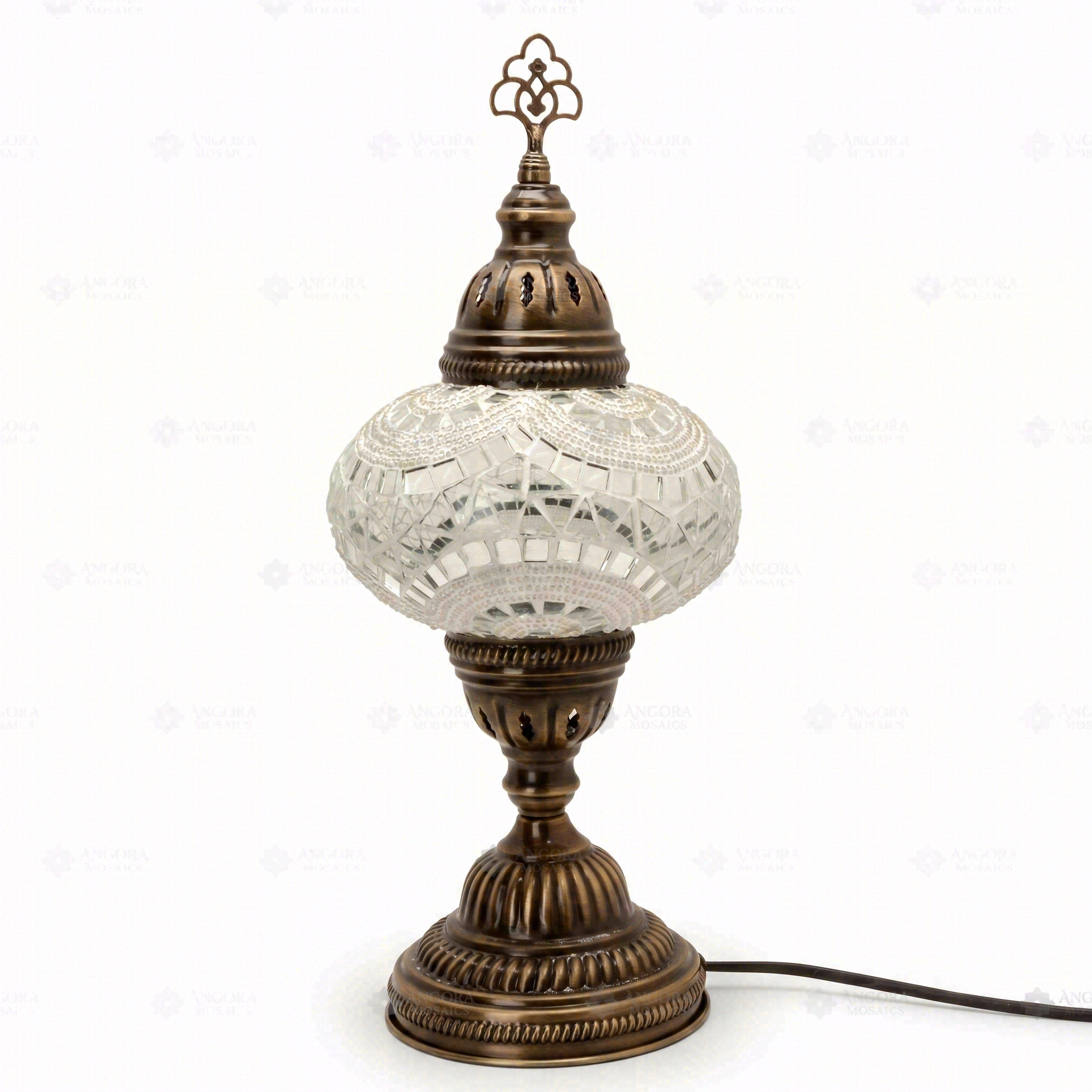 Full view of handmade Clear clear neutral Turkish mosaic table lamp on white background (ENV MUN3036)